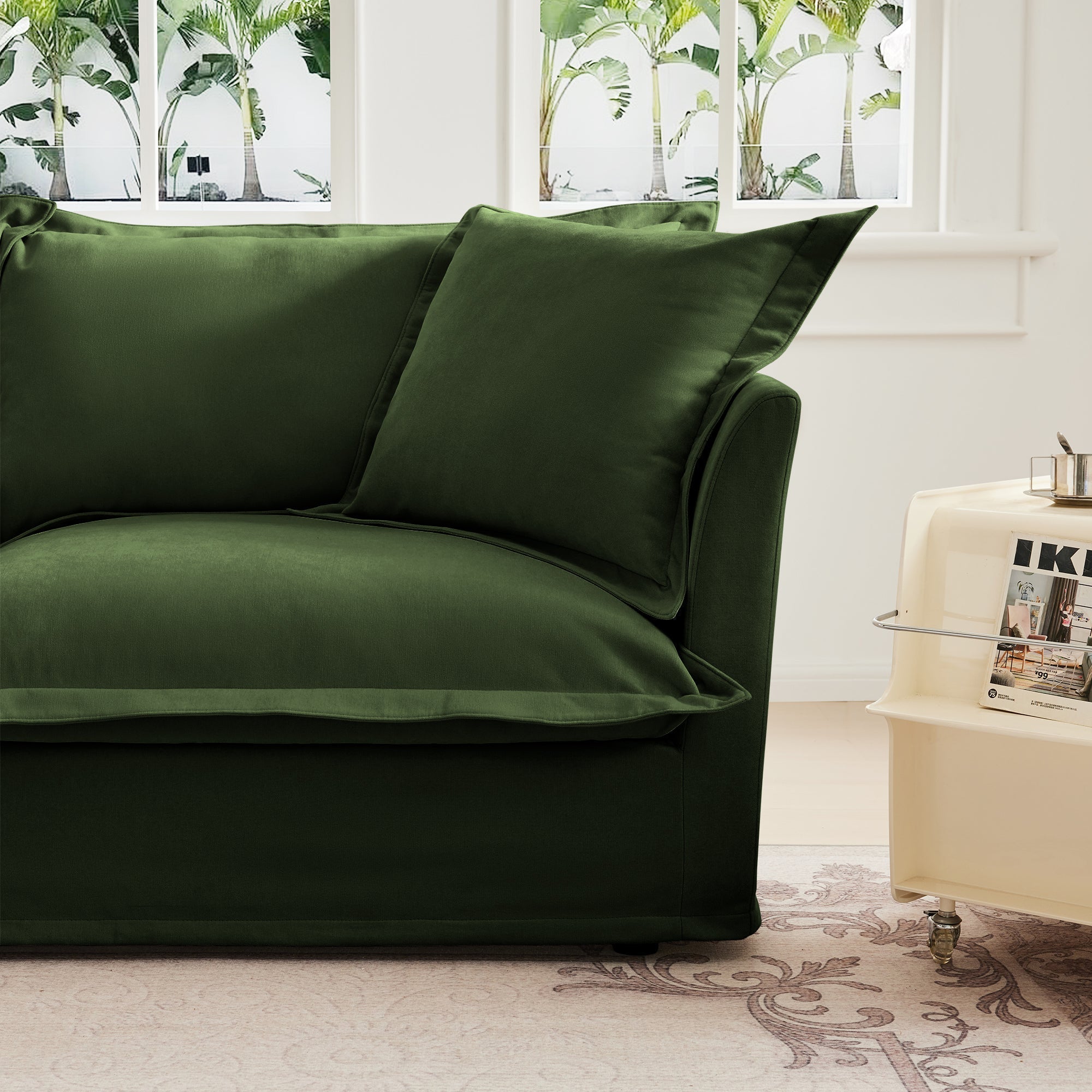 Slipcovered Sofa 2 Seater Sofa    With 2 Ottomans, 2 Seater Sleeper Sofa Bed Home Theater Oversized Sofa For Living Room,  Chenille, Green