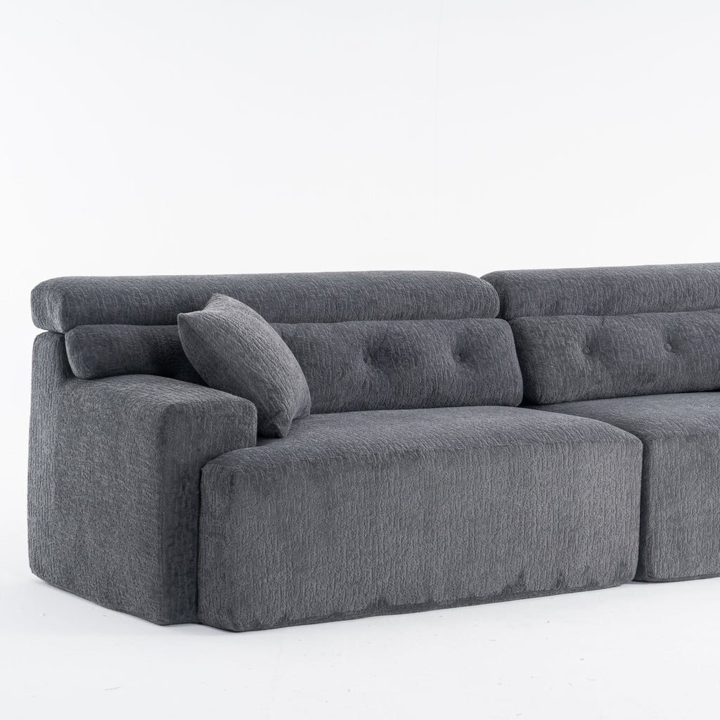 LY-029 GRAY COMPRESSION SOFA: 4-seater combined sofa, Wood Grain Chenille fabric, full sponge compression sofa,combined sofa with 2 pillows  for living/ Home Furniture/ Apartment