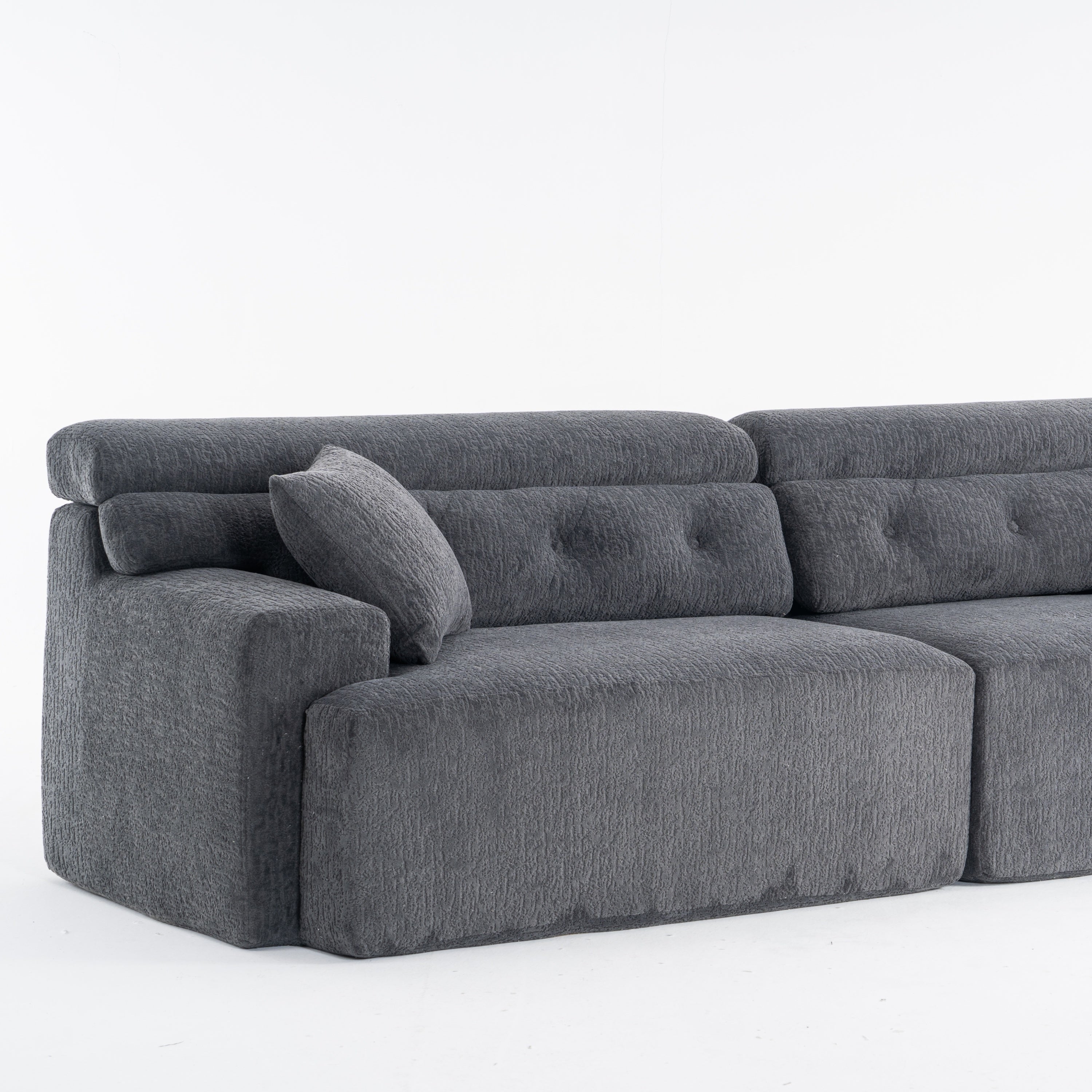 LY-029 GRAY COMPRESSION SOFA: 4-seater combined sofa, Wood Grain Chenille fabric, full sponge compression sofa,combined sofa with 2 pillows  for living/ Home Furniture/ Apartment