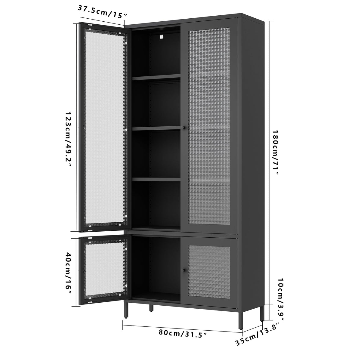 Large Metal Storage Cabinet Display Cabinet with 4 Glass Doors 5 Shelves Side Cabinet Bookcase Freestanding Cabinet for Bedroom Living Room Pantry Home Office - Black, Waffle-Grids  Tempered Glass