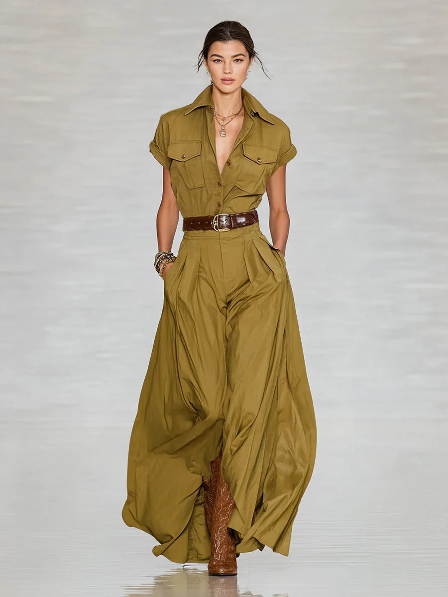 Women's Short-Sleeve Shirt Maxi Dress With Pockets – A-Line Stand Collar