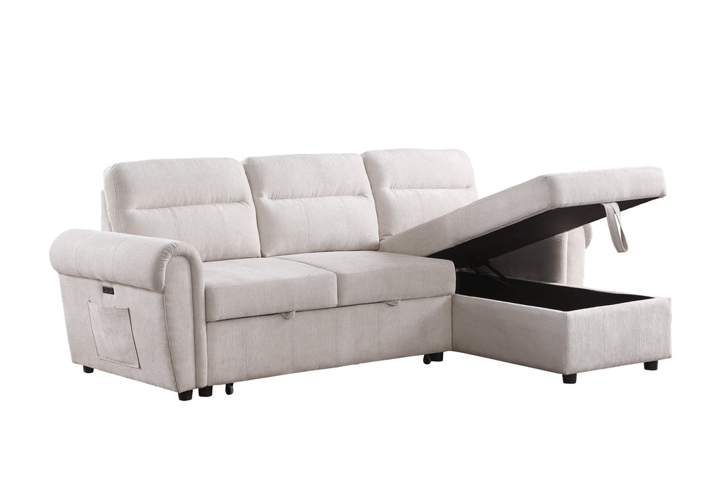 Hugo 97'W Beige Chenille Reversible Sleeper Sectional Sofa Chaise with USB Charger