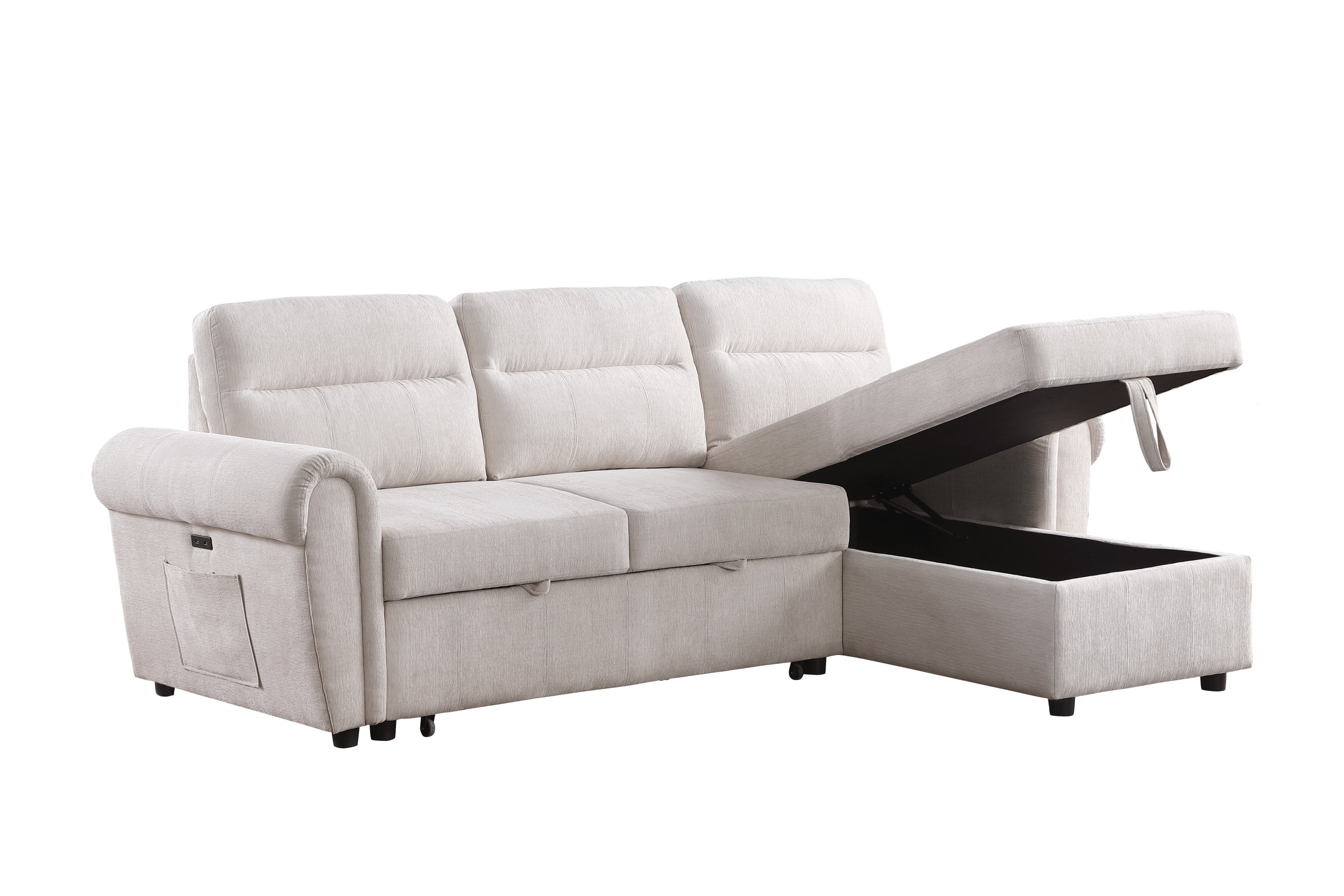 Hugo 97'W Beige Chenille Reversible Sleeper Sectional Sofa Chaise with USB Charger