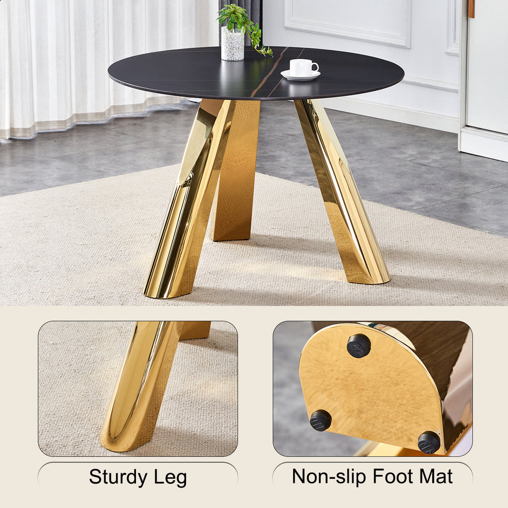 The 42-inch stainless steel gold-plated flamed granite round table with seating for 4 or 6 people is perfect for dining, entertaining, or as a conference table