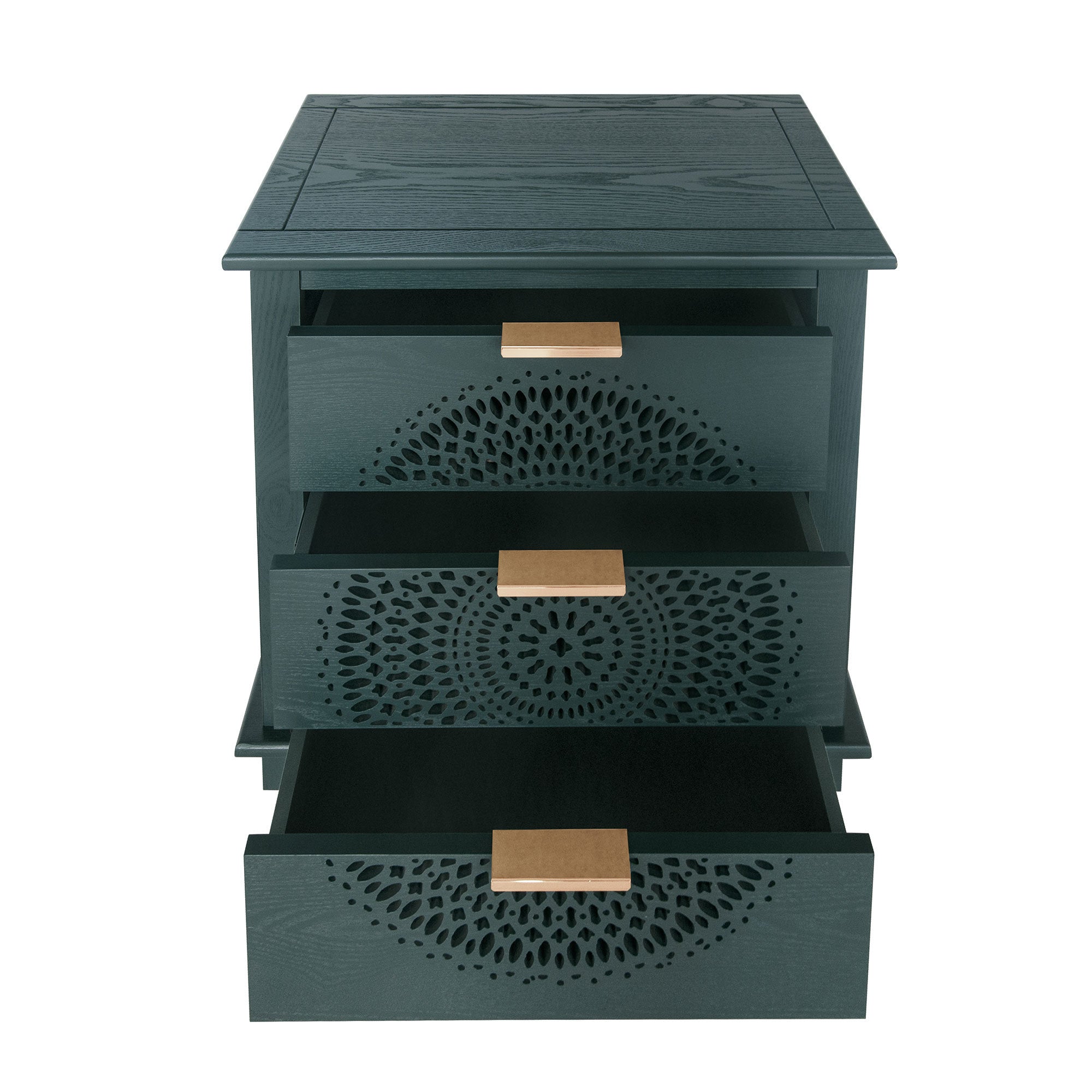 Blackish Green Hollow-Carved 3-Drawer Dresser with Metal Handles, MDF Storage Chest for Living Room or Bedroom