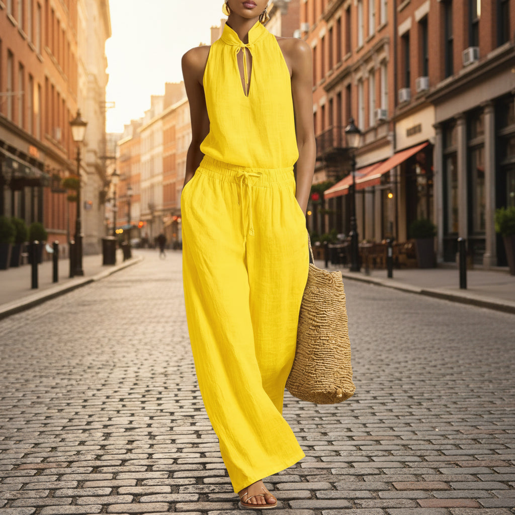 Women's Cotton Linen Sleeveless Top & Wide-Leg Pants Two-Piece Set