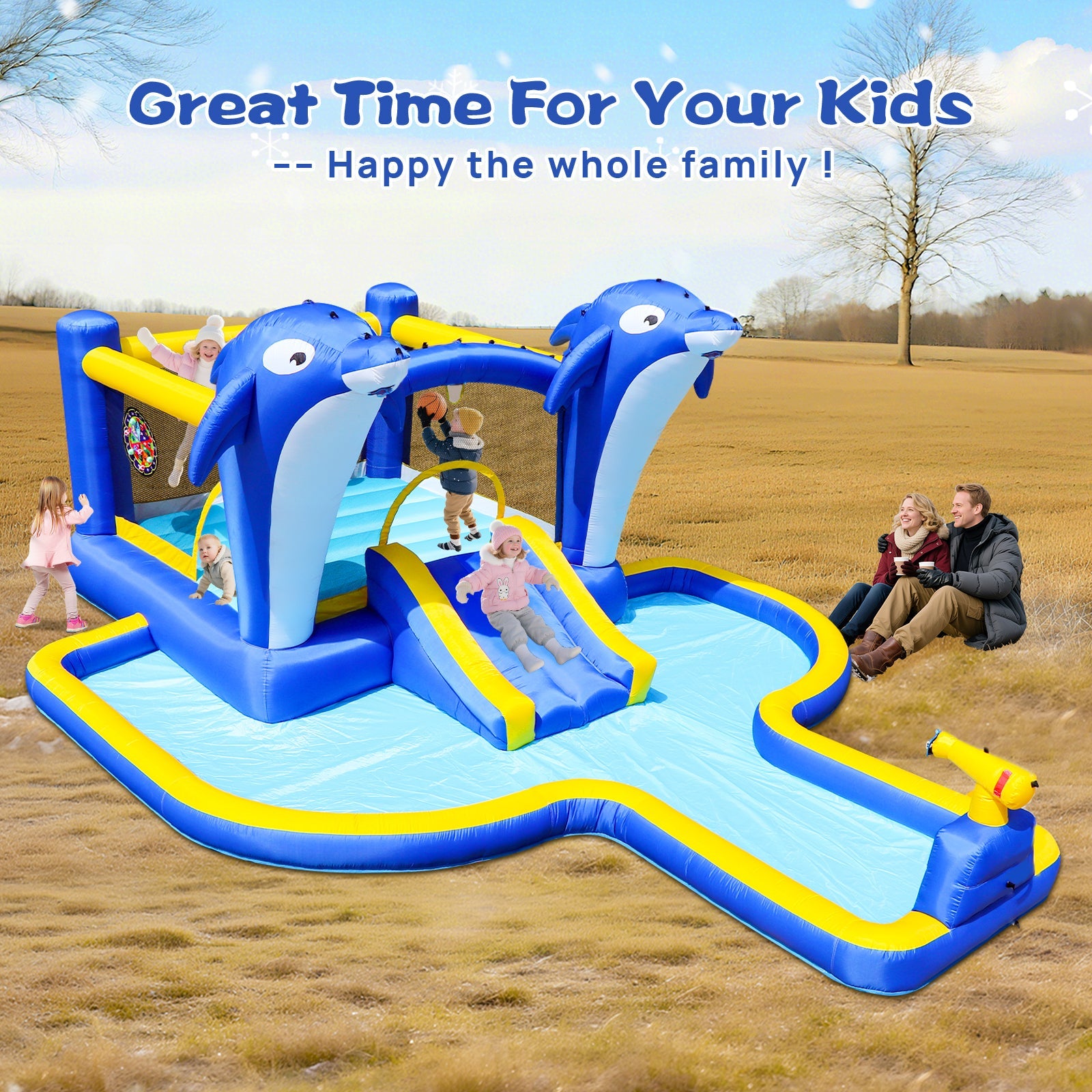 8 in1 Inflatable slide water park trampoline bouncing house outdoor garden with  Dolphin sprinkler & Target games & Water gun & Basketball