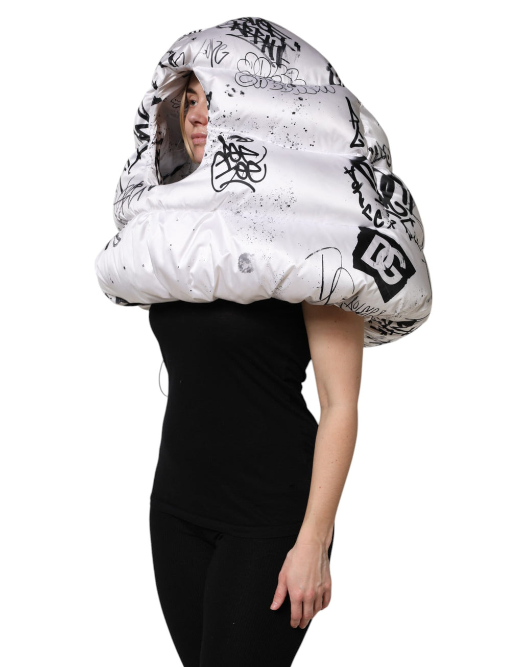 Dolce & Gabbana White Polyester Printed Hood Quilted Hat