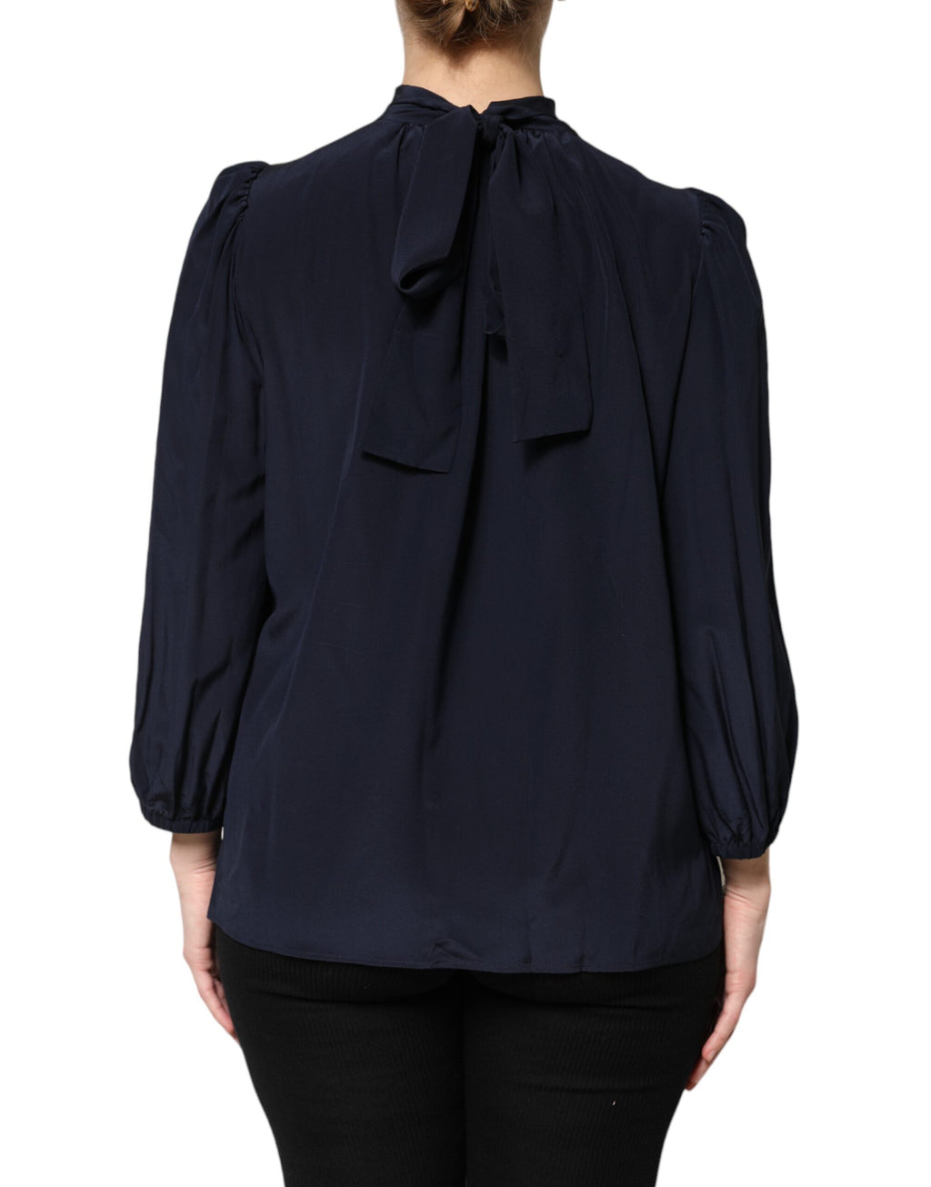 Dolce & Gabbana Blue Silk Mock Neck Long Sleeves Blouse Top