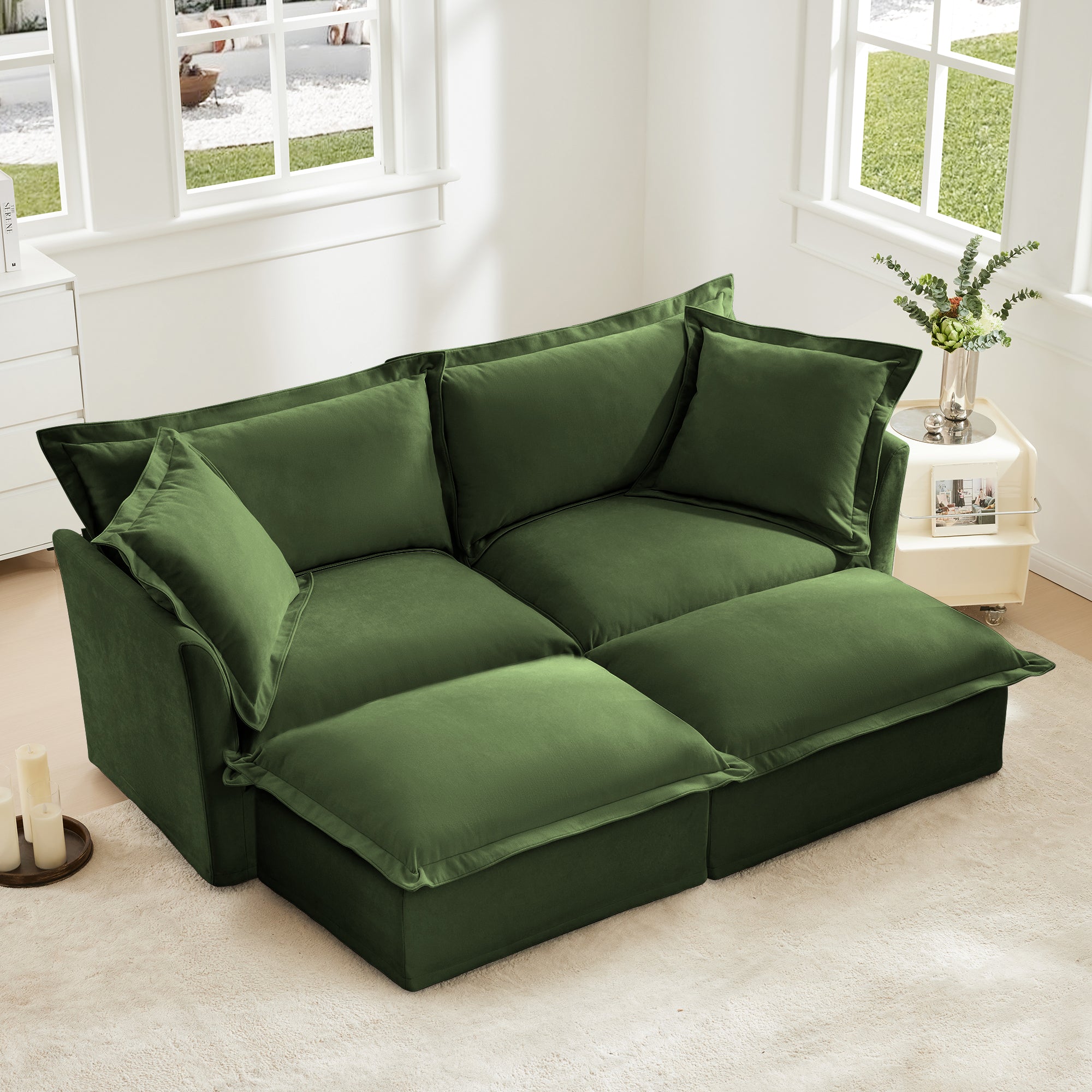 Slipcovered Sofa 2 Seater Sofa    With 2 Ottomans, 2 Seater Sleeper Sofa Bed Home Theater Oversized Sofa For Living Room,  Chenille, Green