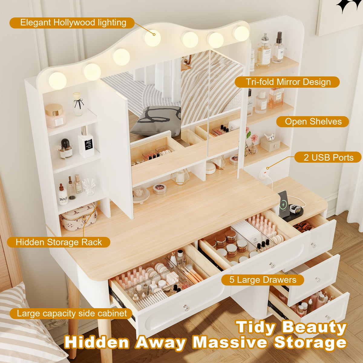Vanity Desk with Mirror and Lights,Makeup Vanity with 2 USB Power Strip,Vanity Set with Two Drawers and Three-drawer Chest, 3 Lighting Modes Adjustable Brightness, Foldable Three-sided Mirror(White)