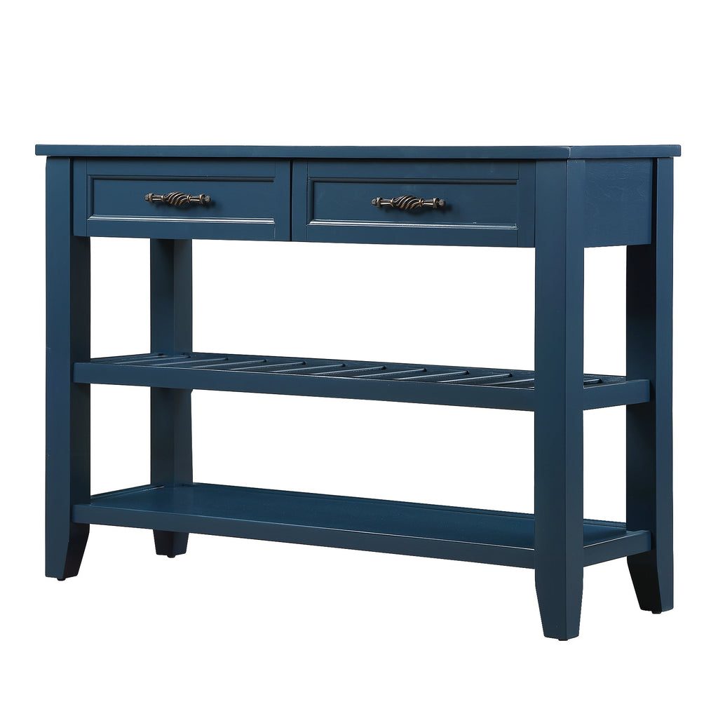 Console Sofa Table with 2 Storage Drawers and 2 Tiers Shelves, Mid-Century Style 42'' Solid Wood Buffet Sideboard for Living Room Furniture Kitchen Dining Room Entryway Hallway,Navy Blue