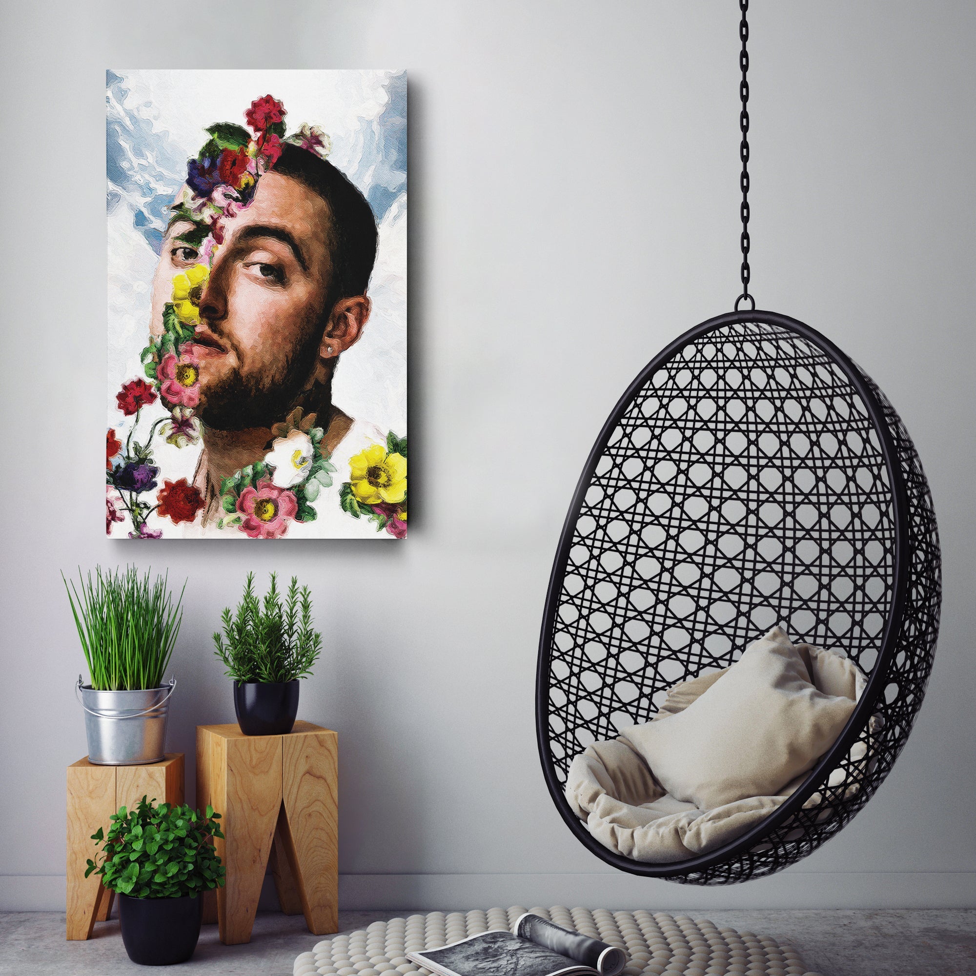 Mac Miller Floral Canvas Print – Rap Artist Painting Wall Art for Home Decor