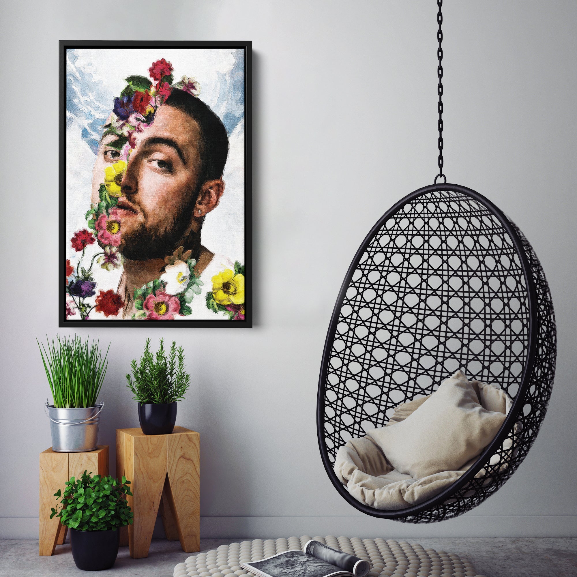 Mac Miller Floral Canvas Print – Rap Artist Painting Wall Art for Home Decor