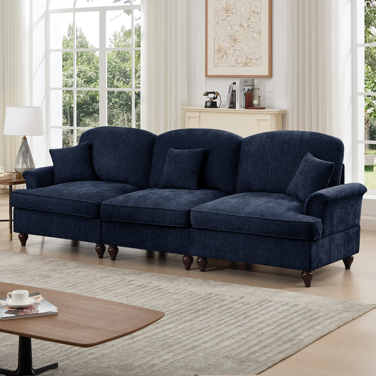 Elegant Mid Century Large 3 Seater Sofa Couch with Flared Arms and Removable Ruffles Pleats Skirts and Spindle Legs, Comfy Chenille Three-Seat Sofa for Living Room, Blue