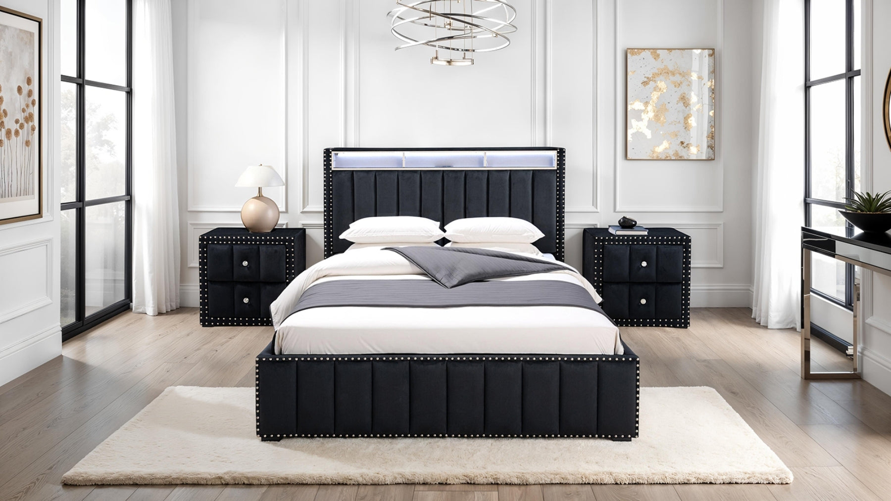 Full Size Bed And 2x Nightstands Bedroom Furniture Luxury Look Black Fabric Upholstered Bedframe w LED Nailhead Trim 3pc Bedroom Set