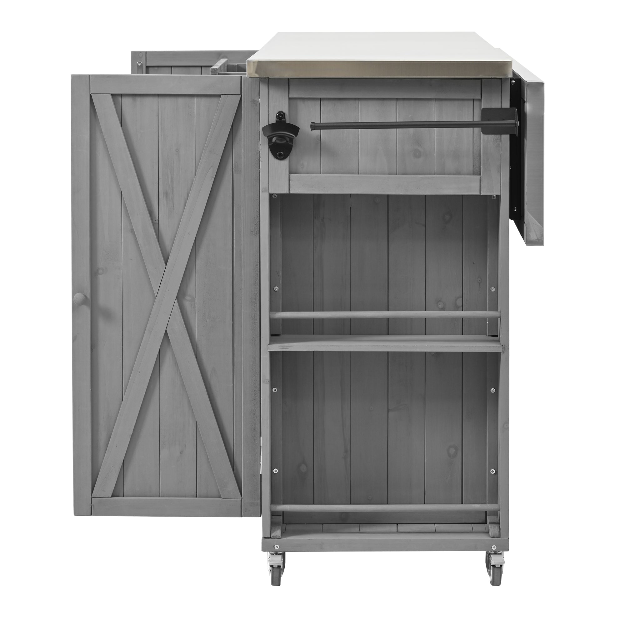 Outdoor Kitchen Island Fir Wood Kitchen Island with Stainless Steel Top, Ample Storage, Towel and Spice Racks, Bottle Opener, Grey