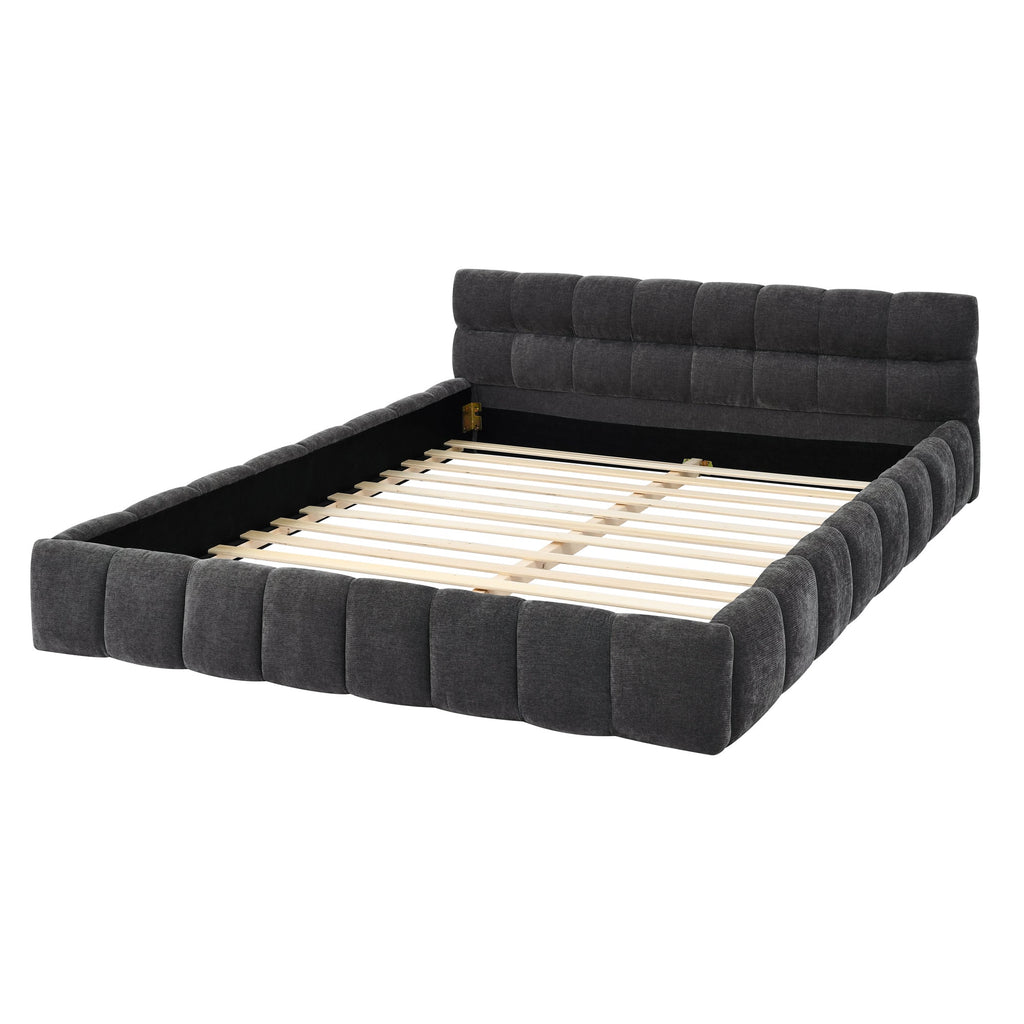 Modern Queen Size Platform Bed Frame with Thick Chenille Fabric in Dark Grey, Upholstered with Headboard