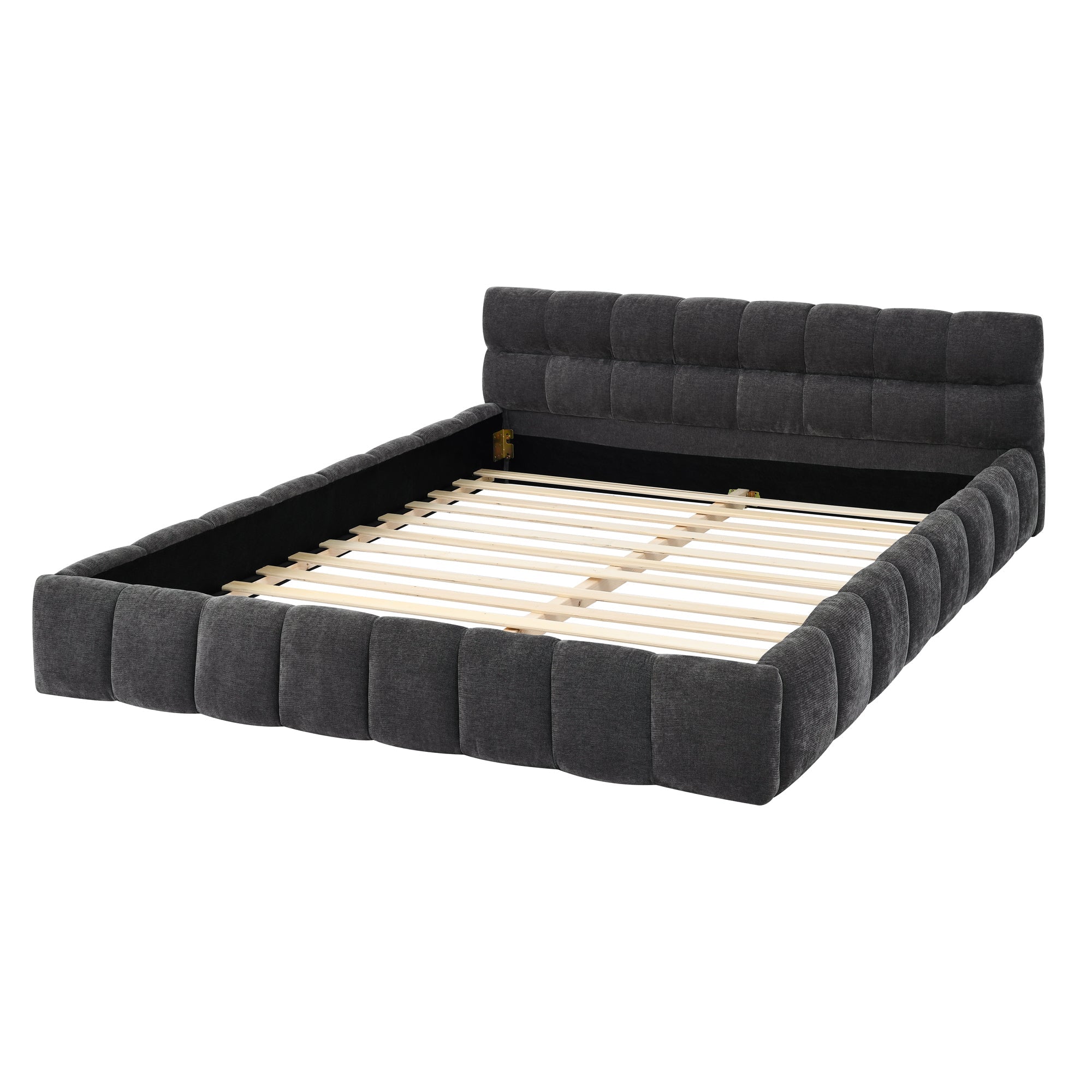 Modern Queen Size Platform Bed Frame with Thick Chenille Fabric in Dark Grey, Upholstered with Headboard