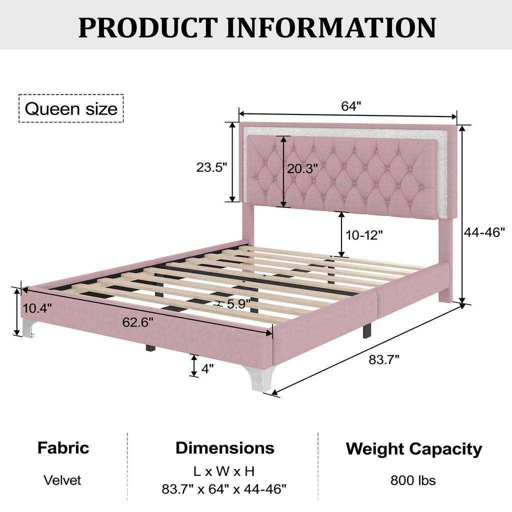 3-Pieces Bedroom Sets,Queen Size Upholstered Platform Bed with LED Lights and Two Nightstands-Pink