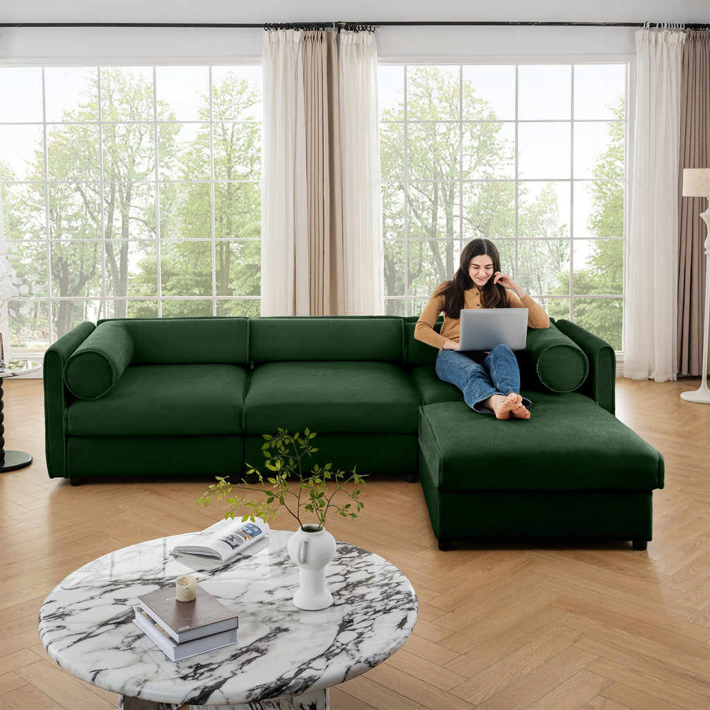 Elegant Green Chenille  Sofa with Storage Seat and Ottoman, L-Shaped 3-Seater Cylindrical Backrest and Armrests, Contemporary 3-Seater Fabric Couch with Hidden Storage Compartment