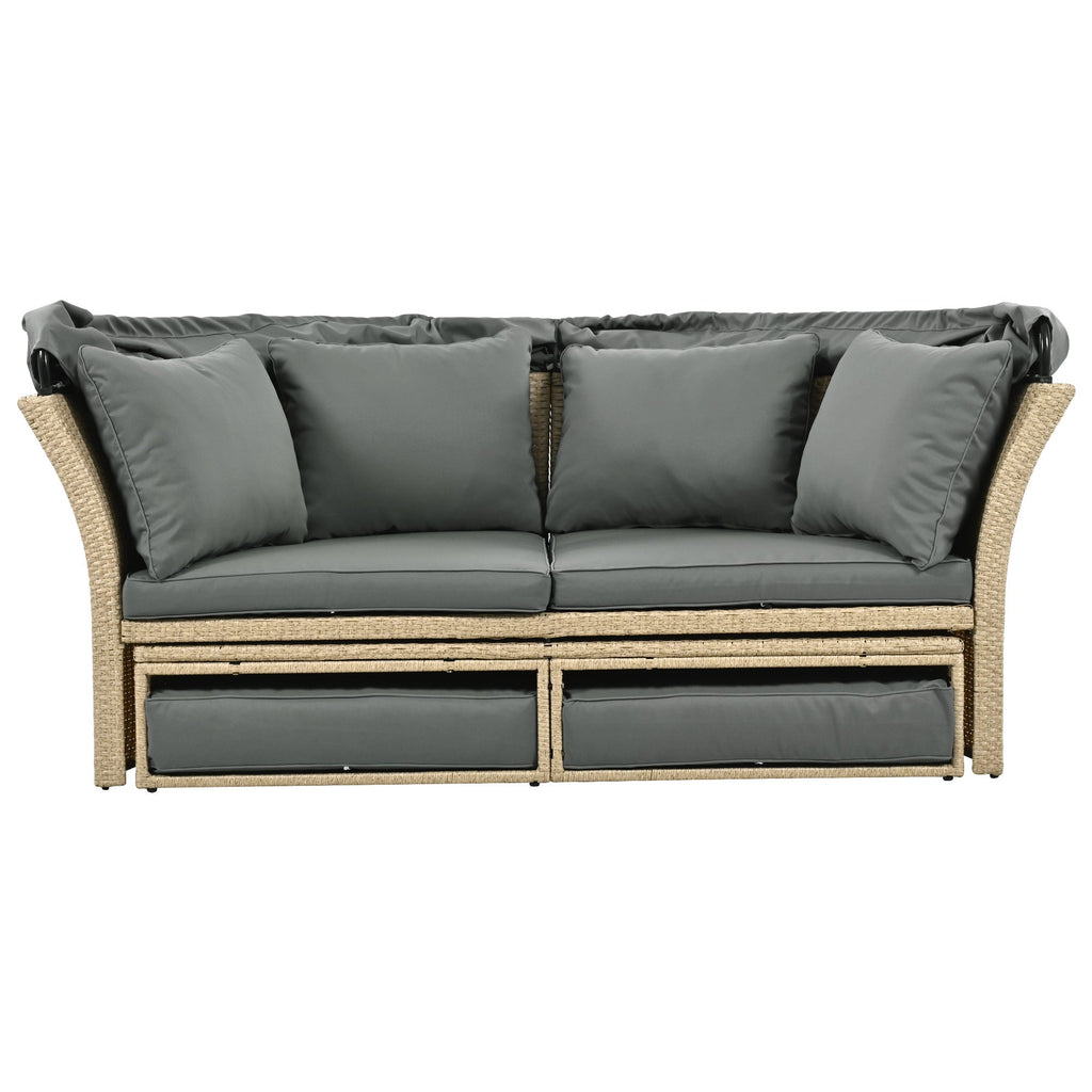 Outdoor Patio Daybed Wicker Rattan Double Daybed with Retractable Canopy, Grey, Polyester Upholstery, 71.7 x 63.4 x 62.2 inches