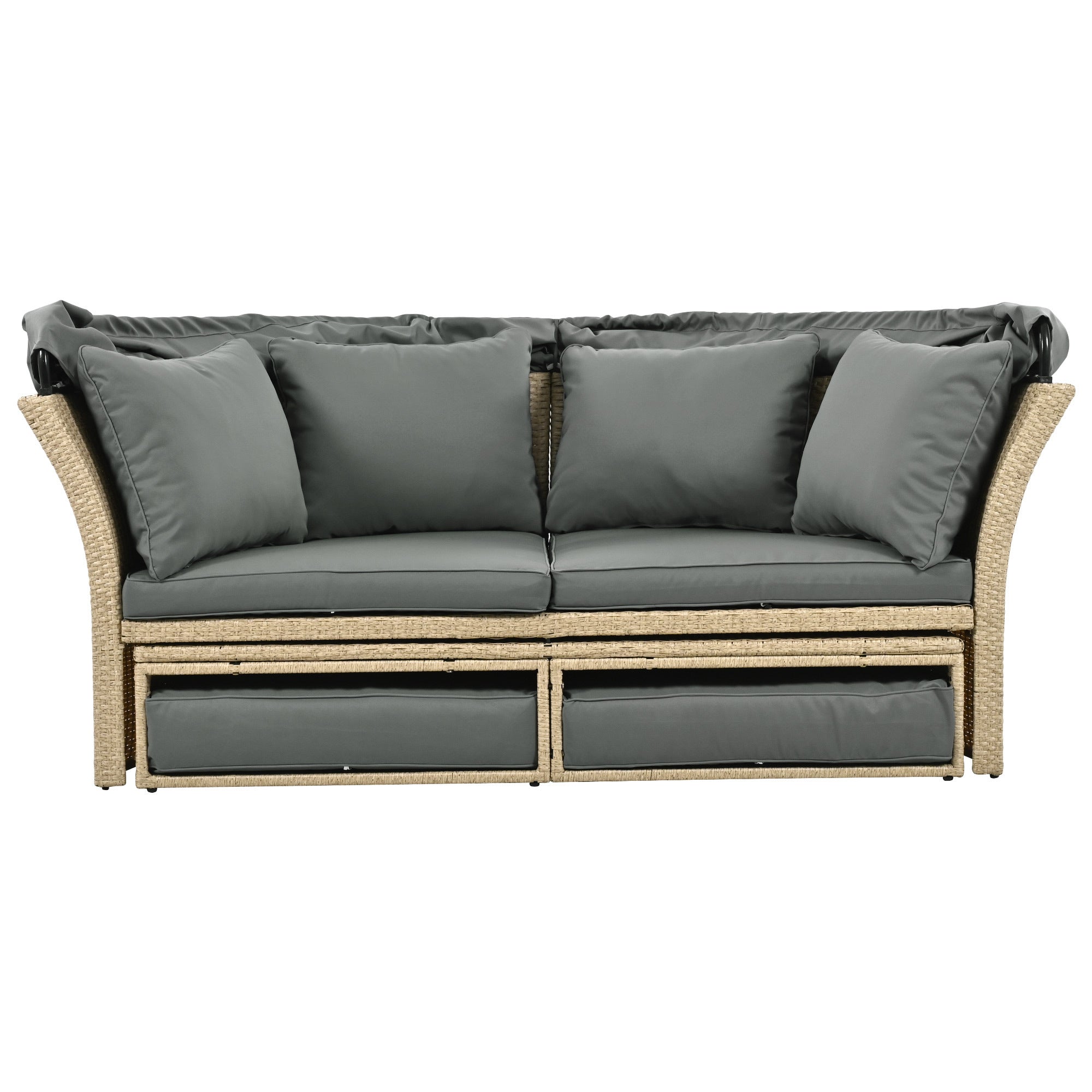 Outdoor Patio Daybed Wicker Rattan Double Daybed with Retractable Canopy, Grey, Polyester Upholstery, 71.7 x 63.4 x 62.2 inches