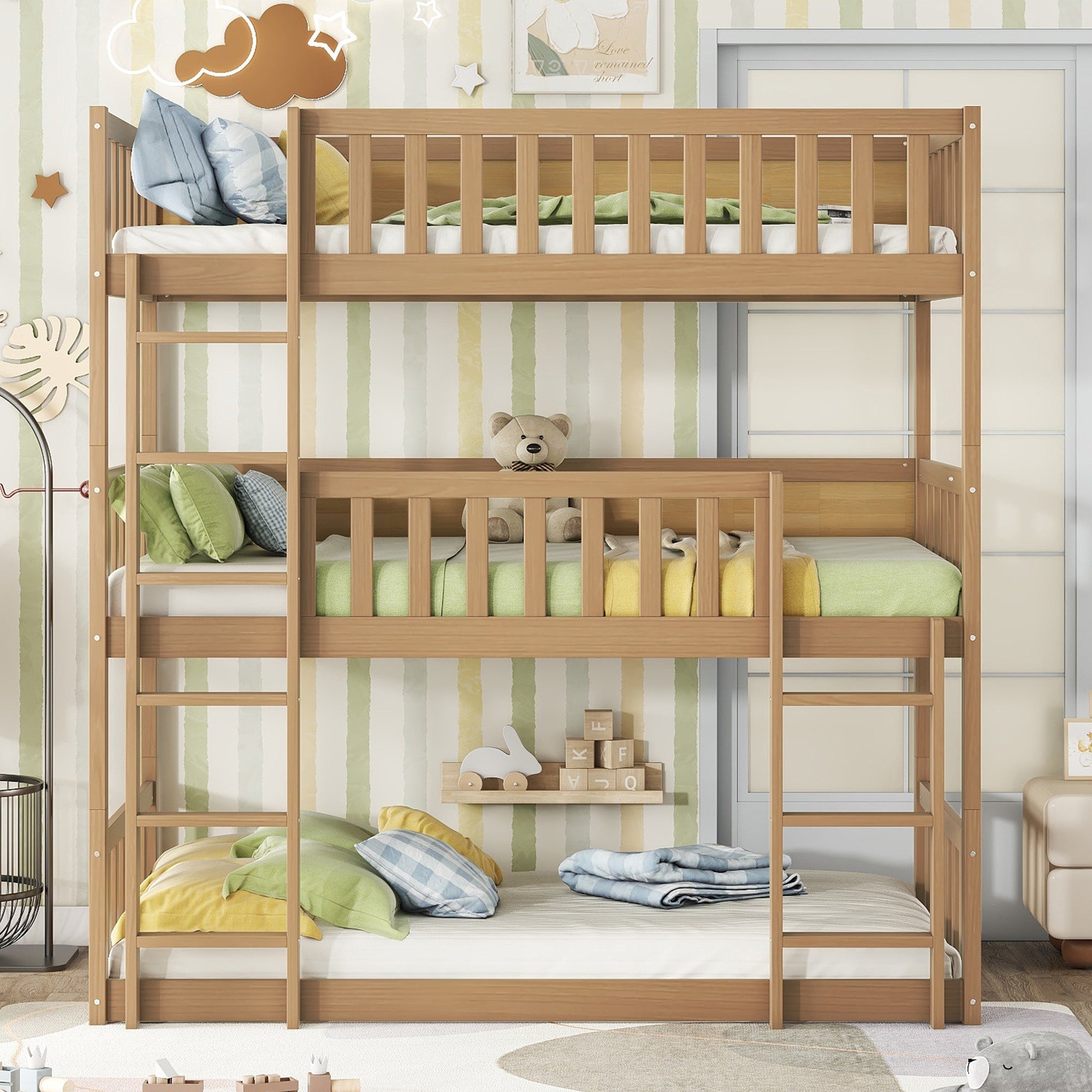 Twin Size Triple Rubber Wood Bunk Bed, with Ladders, Guardrails Detachable Bunk Bed, Twin over Twin over Twin,Natural