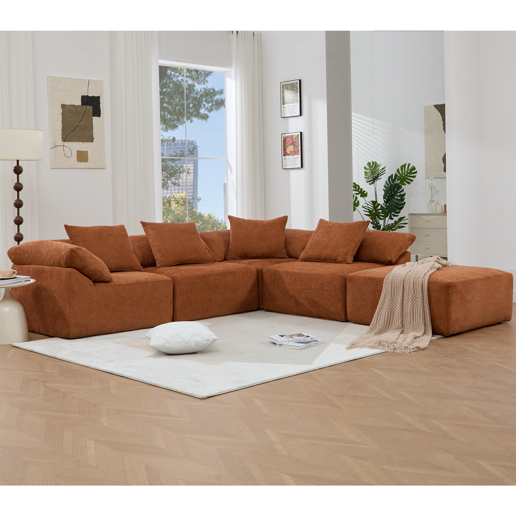 142' L Shaped Modular Sectional Sofa,No Assembly,5 Piece Couch, Convertible Sleeper Couch,Full-Compressed Couch,Free-Combined Couches,5 Seat & Ottoman,Chenille,Orange