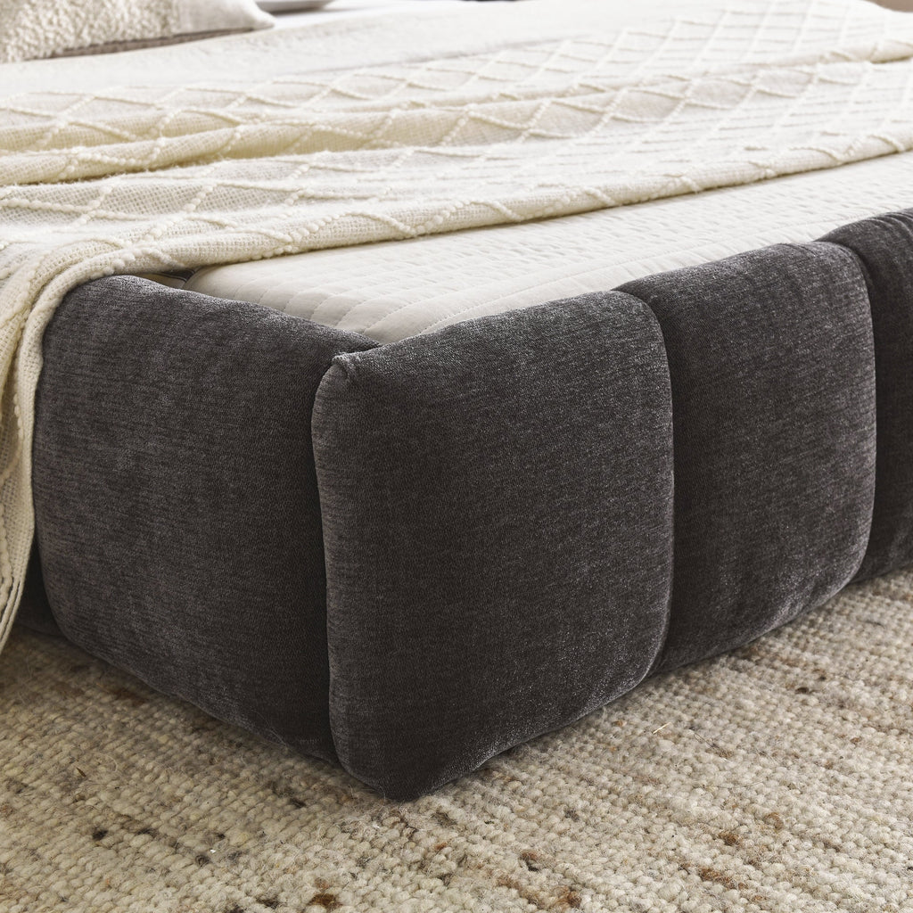 Modern Queen Size Platform Bed Frame with Thick Chenille Fabric in Dark Grey, Upholstered with Headboard