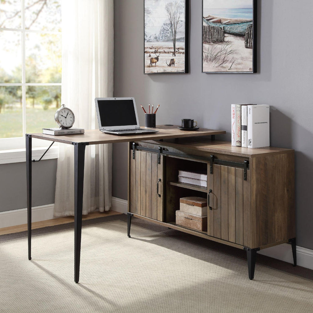 L-Shape Writing Desk with Side Cabinet, Rustic Oak and Black