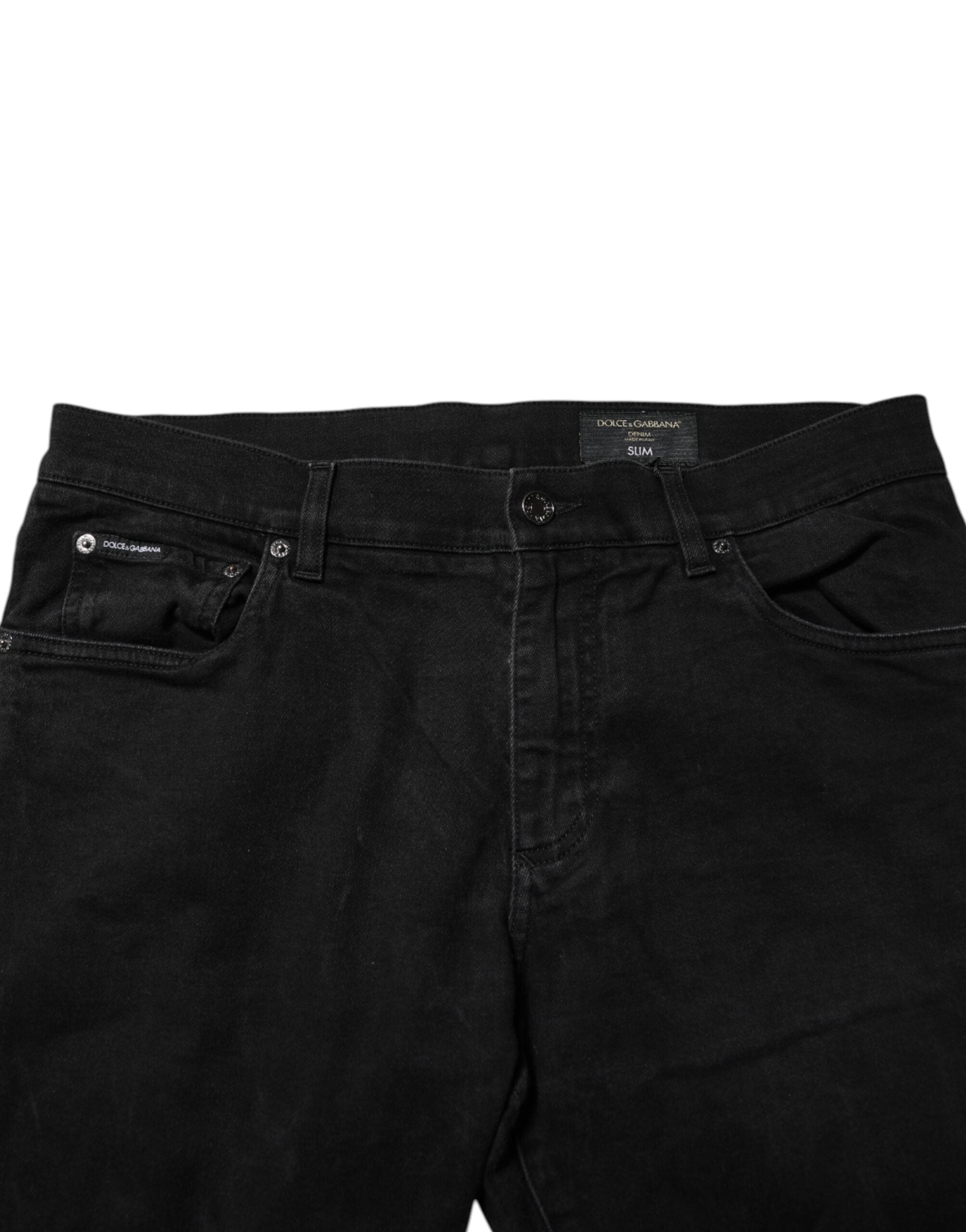 Dolce & Gabbana Black Cotton Logo Plaque Slim Fit Denim Jeans
