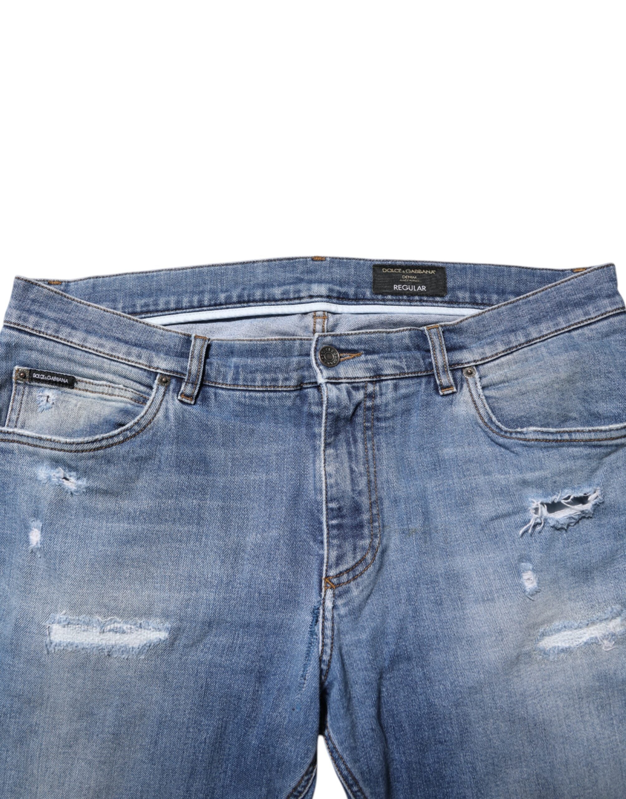 Dolce & Gabbana Blue Washed Tattered Logo Plaque Denim Jeans
