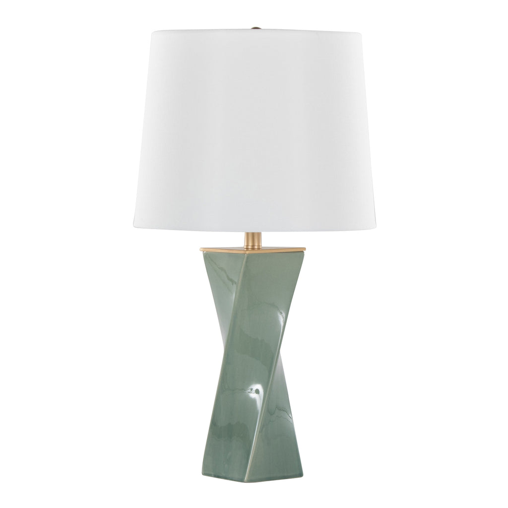 Curvo Square Contemporary 27' Ceramic Table Lamp in Sage Green Ceramic, Gold Metal, and White Linen by LumiSource