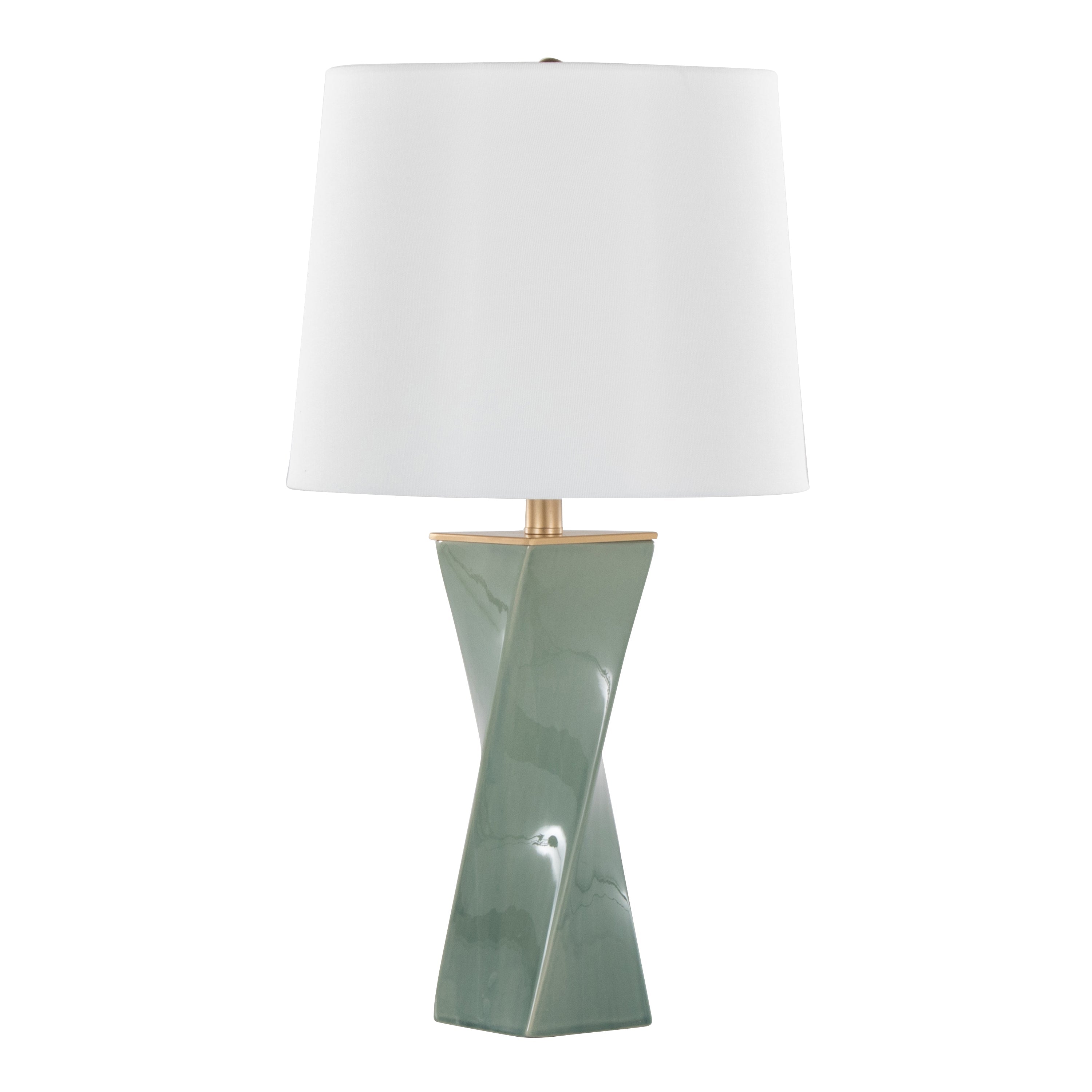 Curvo Square Contemporary 27' Ceramic Table Lamp in Sage Green Ceramic, Gold Metal, and White Linen by LumiSource