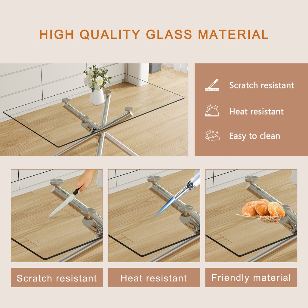 Large Modern Minimalist Rectangular Glass Dining Table with 0.39' Tempered Glass Tabletop and Silver Chrome Metal Legs, for Kitchen Dining Living Meeting Room Banquet hall,63''x35''x 29''W1151S00191