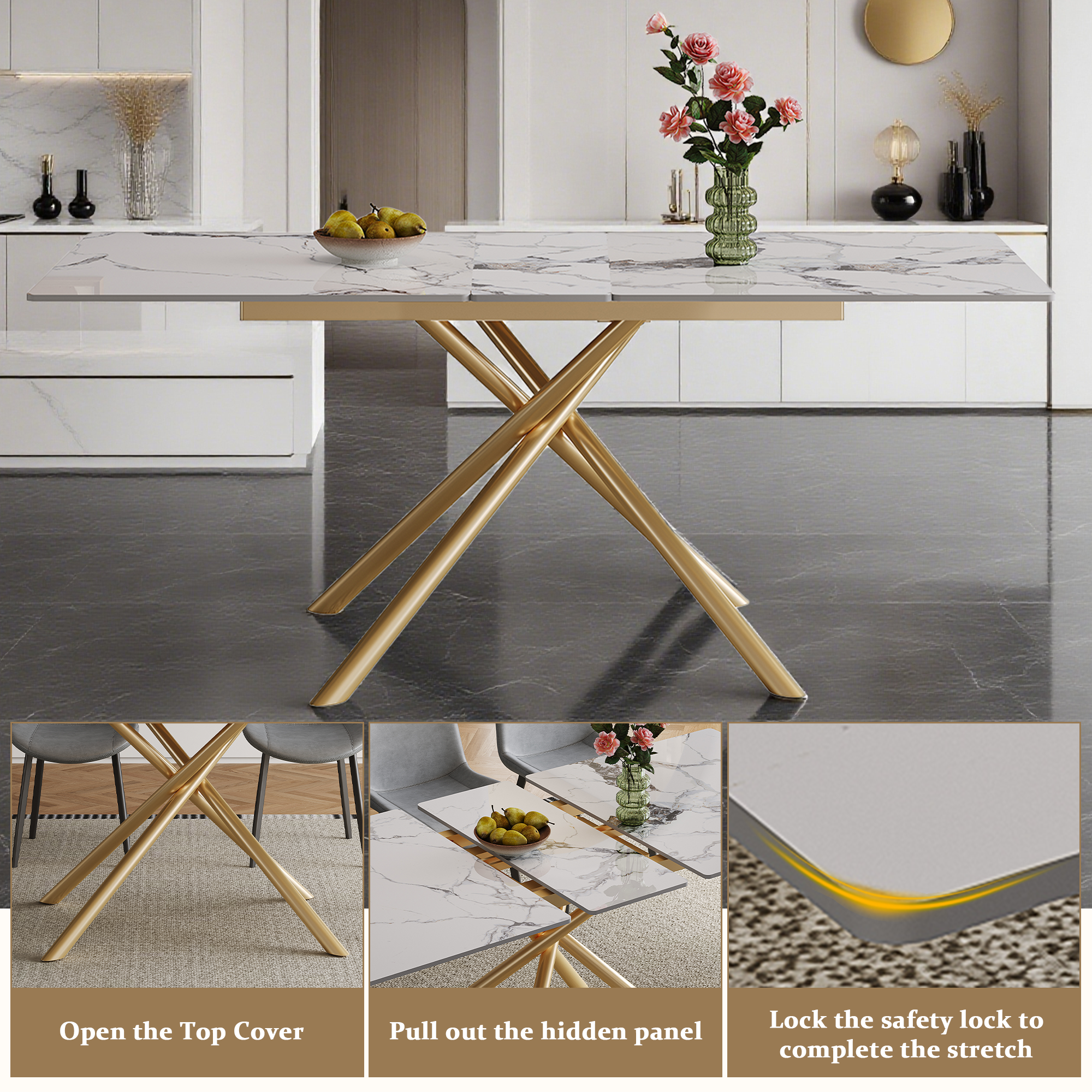 59-inch Modern rectangle Expandable Dining Table with Retractable Leaf, Sintered Stone Top & Golden Carbon Steel X-Base, Sturdy 4-6 Person Table for Small Apartments, Kitchen, Dining Room