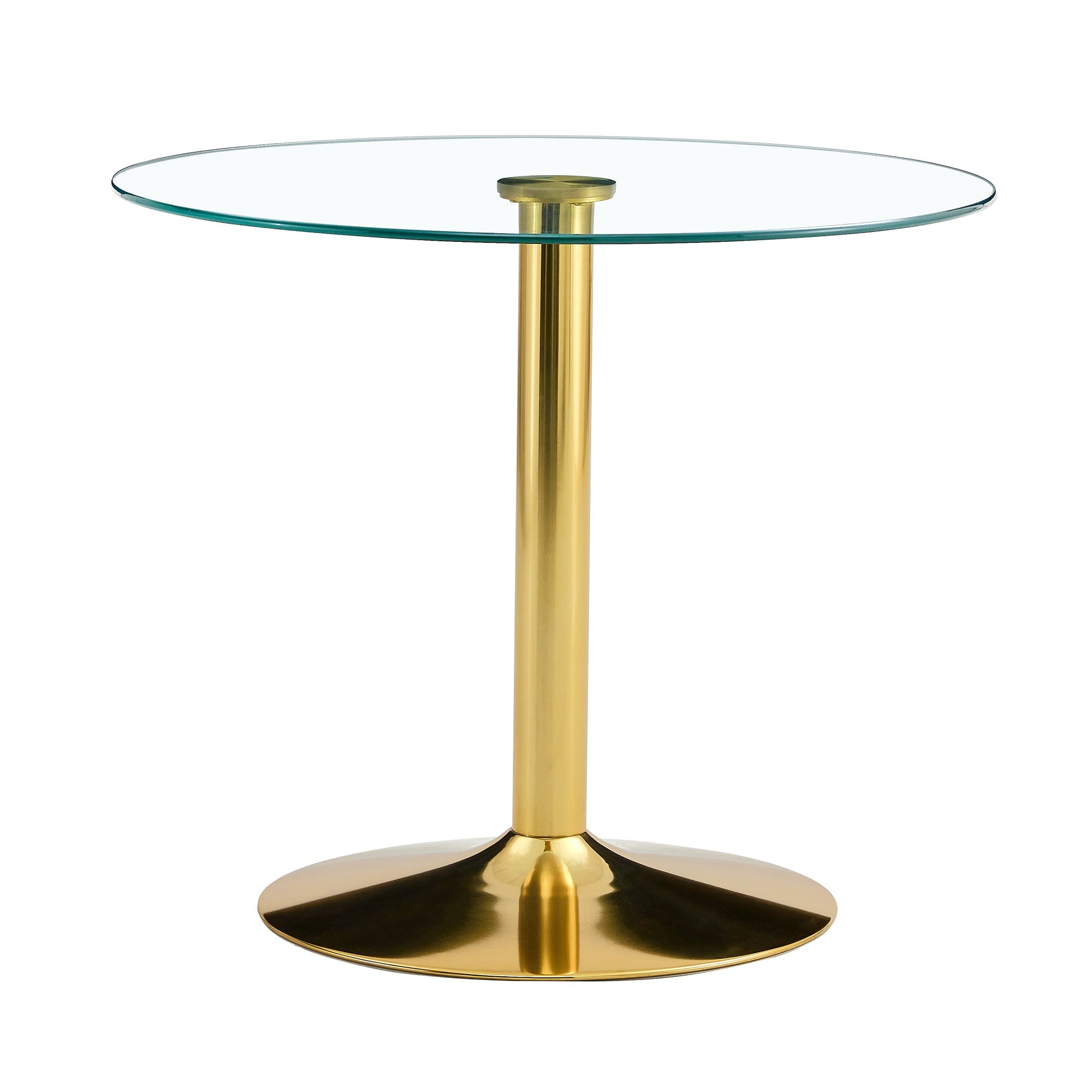 A 35-inch diameter glass top and a modern, minimalist round dining table with gold metal legs. Ideal for dining rooms, living rooms and meeting rooms.W1151P263755