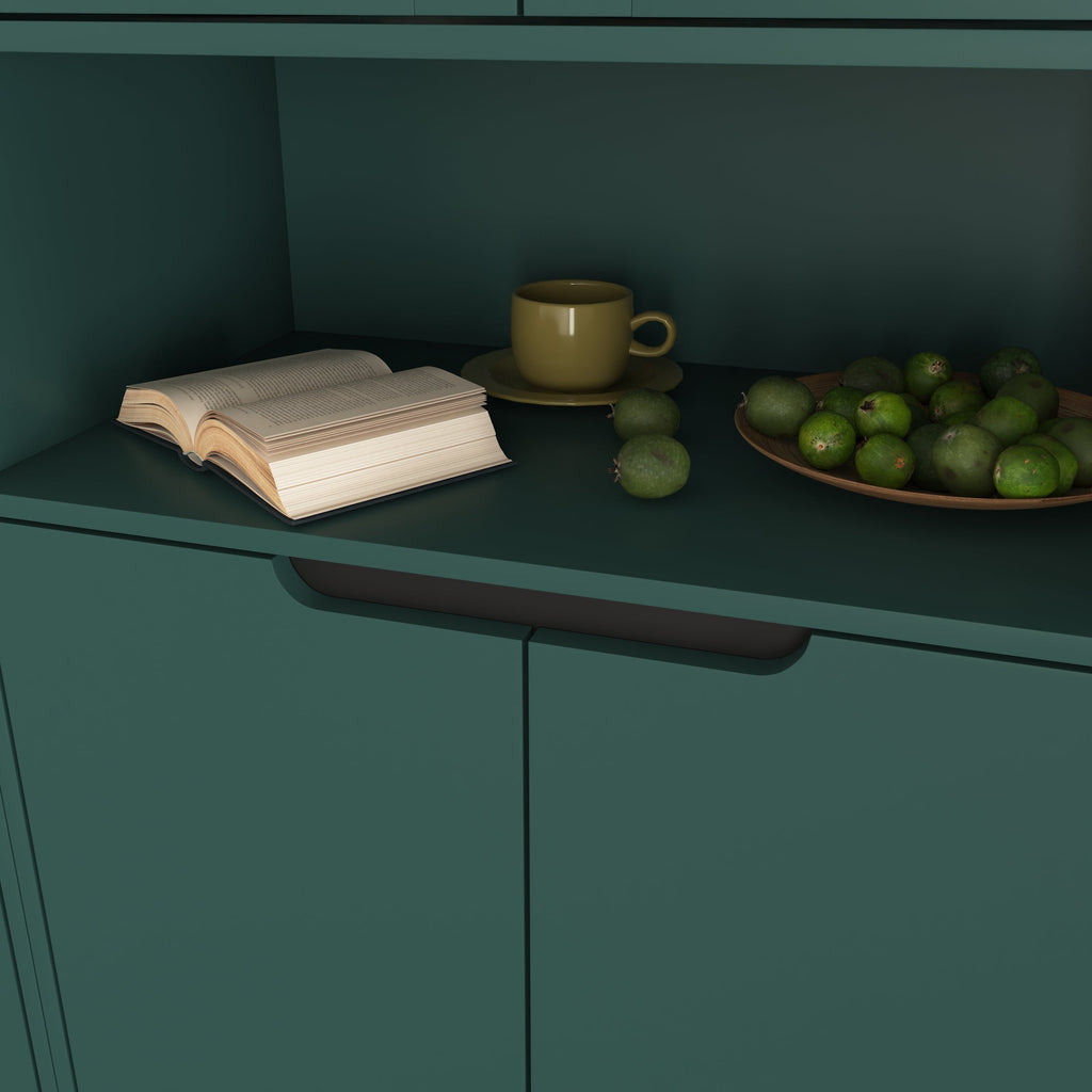 Tall Storage Bookcase with 2 Glass Display Door & 2 Doors, Tall Kitchen Pantry Cabinet with Gold Handles, Modern Cabinet Freestanding Living Room Green