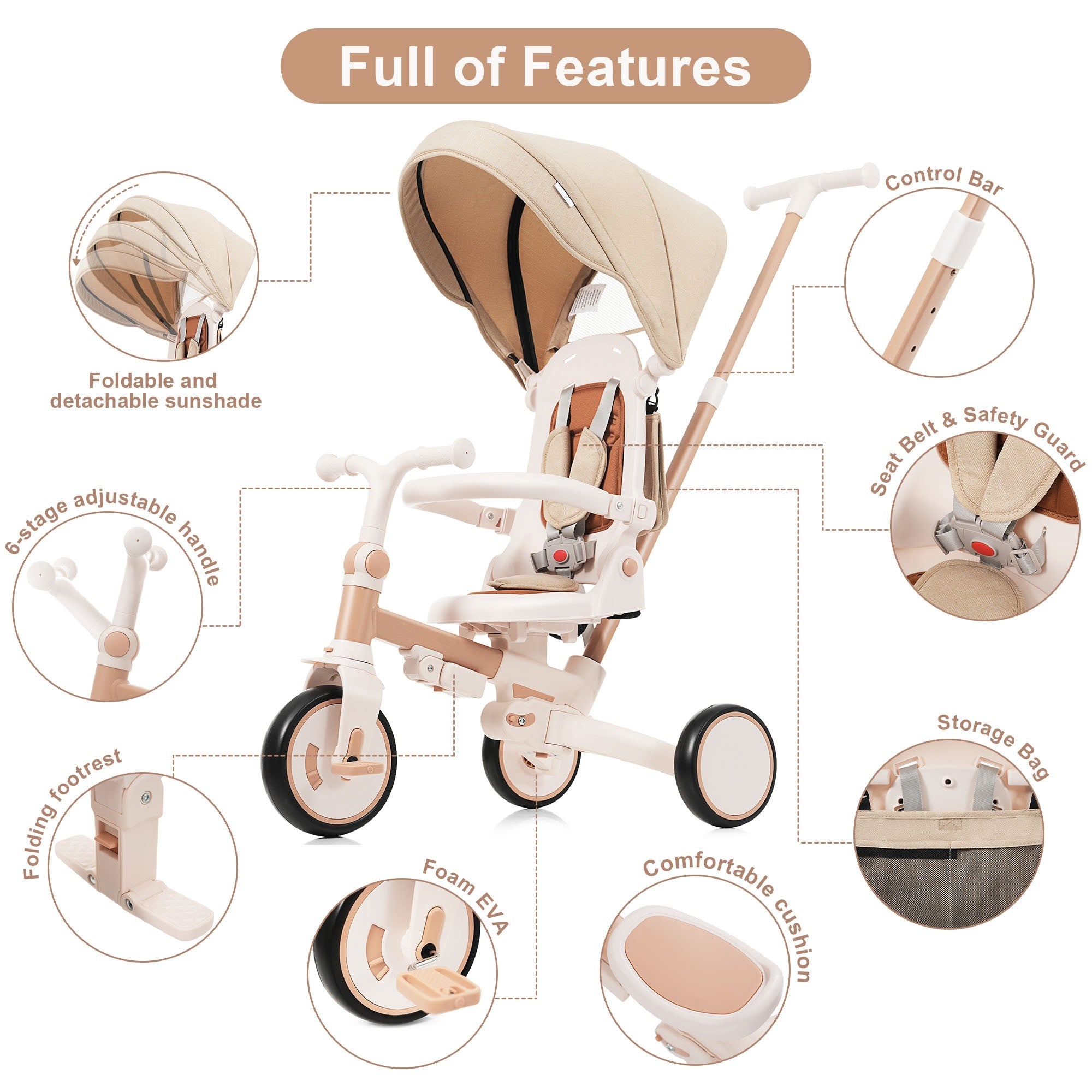 7 in 1 Baby Tricycle, Foldable Toddler Tricycle with Removable and Adjustable Parent Handle, Toddler Push Bike with Removable Pedal, Canopy, and Guardrail, Tricycle for 12-72 Months, light brown
