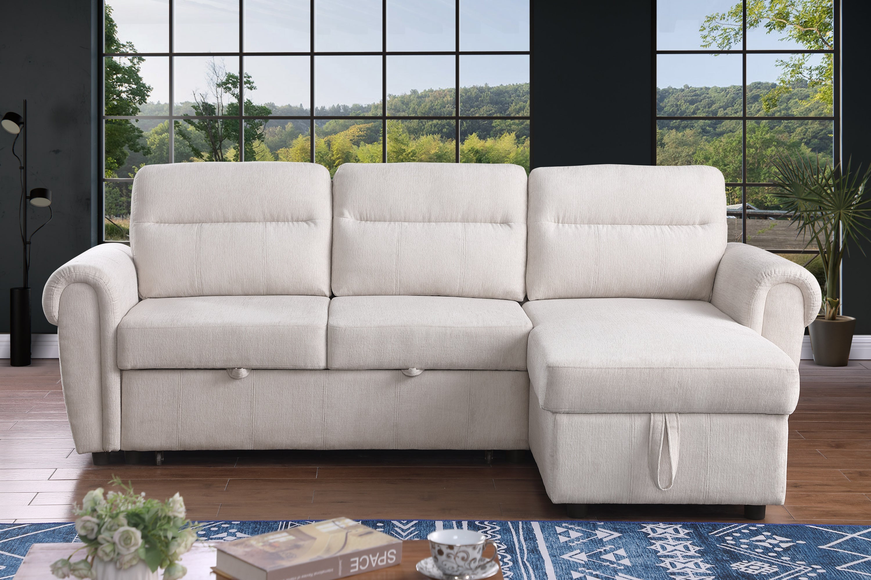 Hugo 97'W Beige Chenille Reversible Sleeper Sectional Sofa Chaise with USB Charger