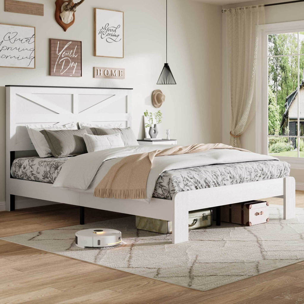 King Bed Frame Headboard , Wood Platform Bed Frame , Noise Free,No Box Spring Needed and Easy Assembly Tool,Large Under Bed Storage,White