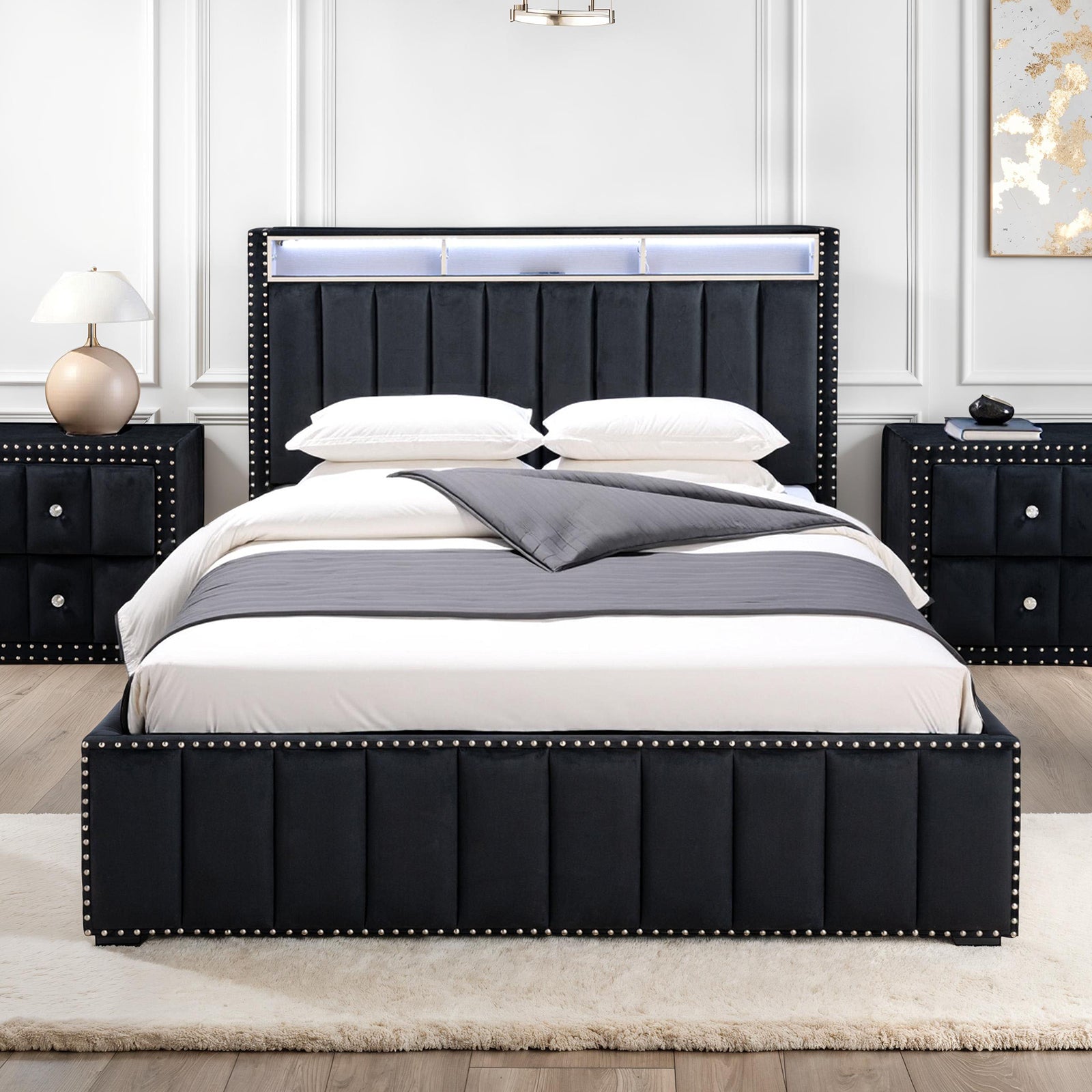 Queen Size Bed And 2x Nightstands Bedroom Furniture Luxury Look Black Fabric Upholstered Bedframe w LED Nailhead Trim 3pc Bedroom Set