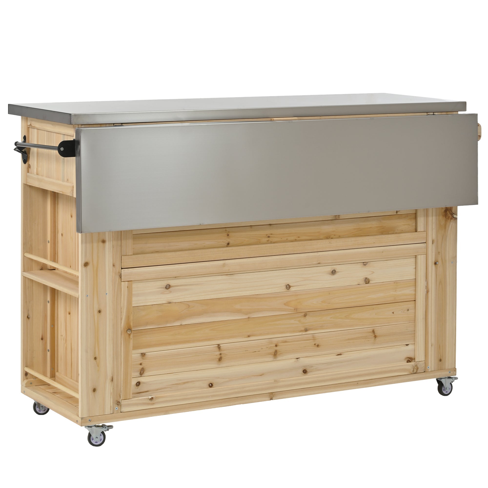Outdoor Kitchen Island Fir Wood Kitchen Island with Stainless Steel Top, Ample Storage Space, Towel and Spice Racks, Bottle Opener, Natural