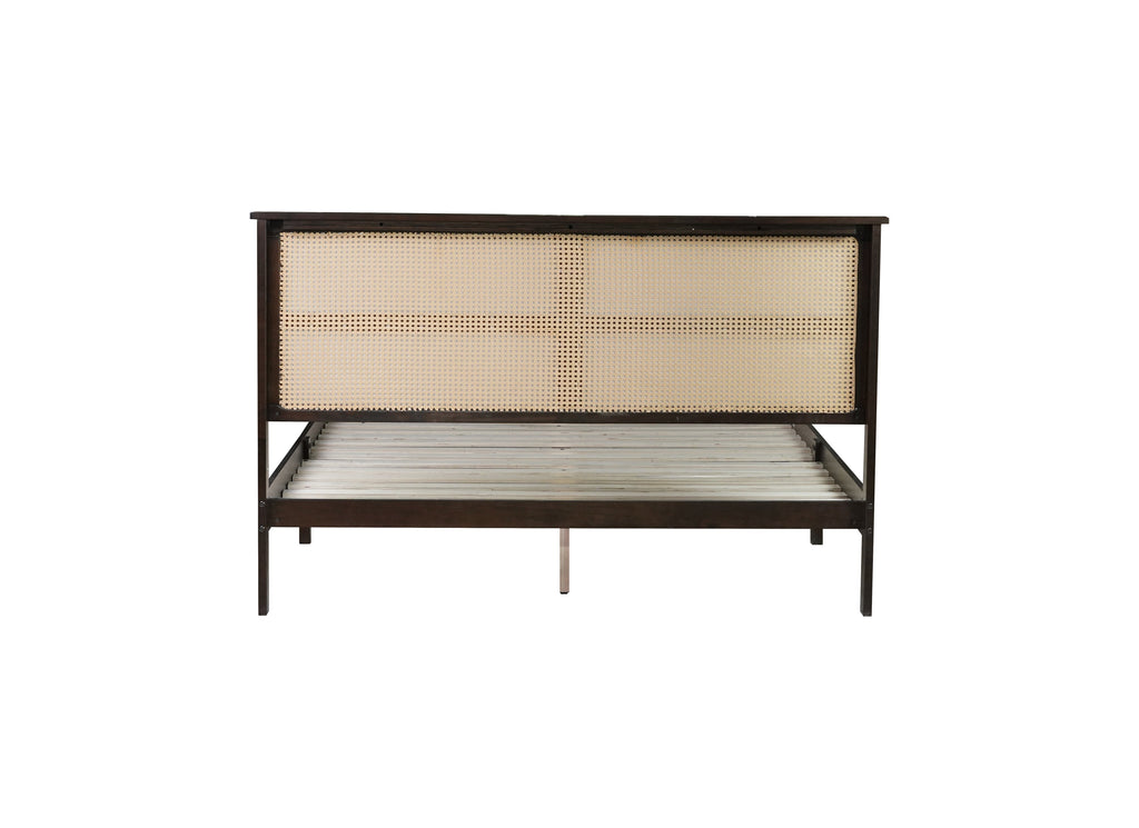Queen Size Rubber Wooden, Solid Wooden Bed with Rattan Headboard, Enhanced by Support Feet,Espresso