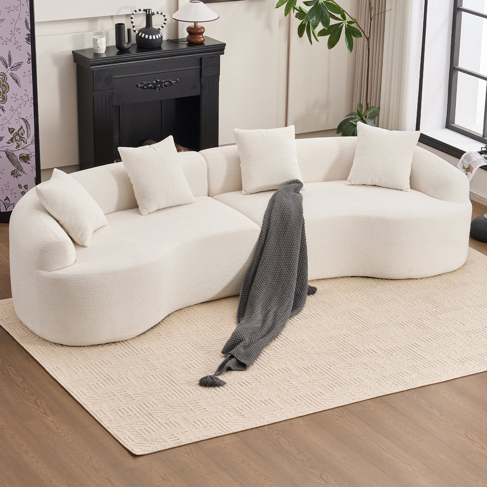LY-025 Full Compression Sponge Sofa Cloud White Curved Modular Sectional 30D High-Density Chenille Sleeper Couch 110'L