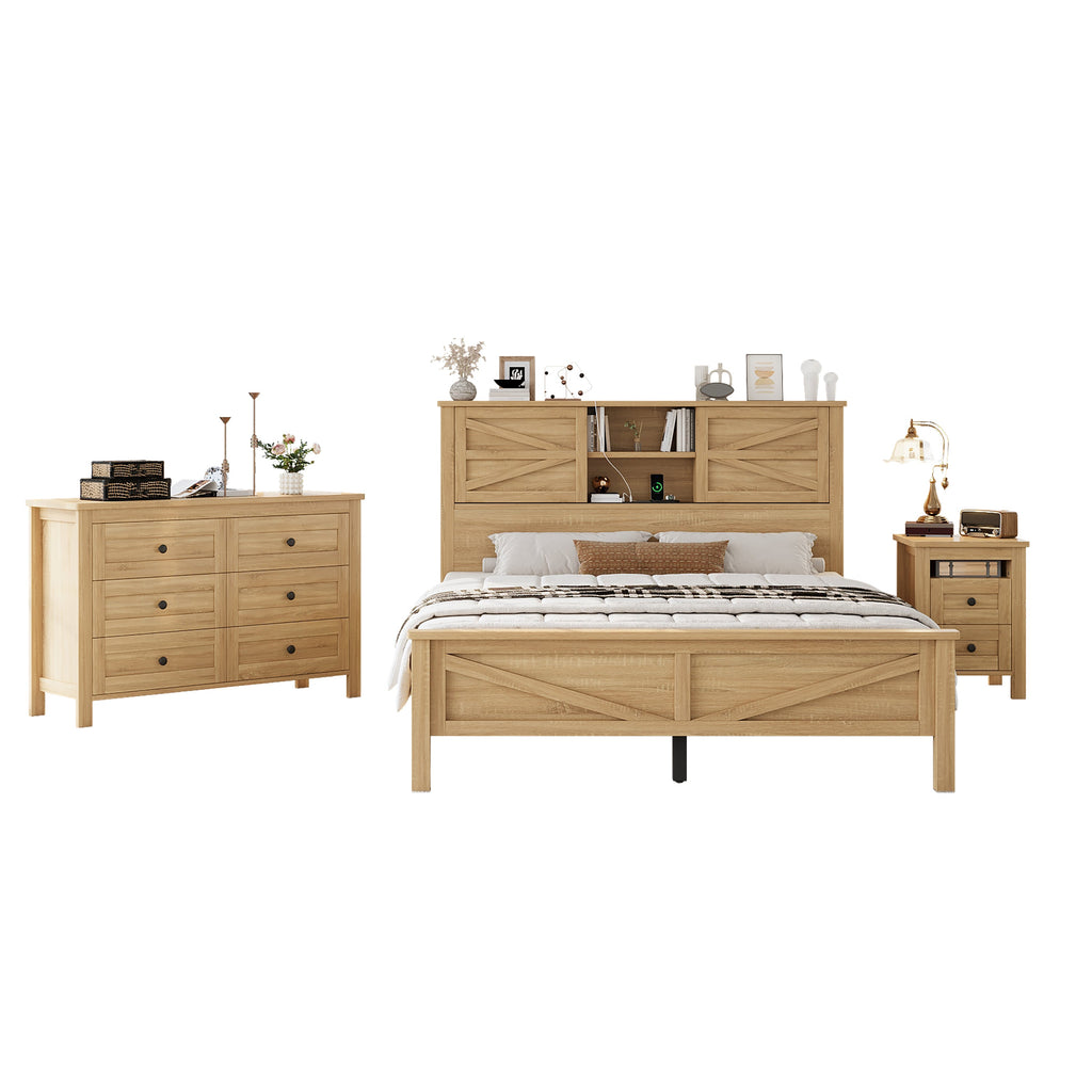 3-Pieces Bedroom Sets Queen Size Farmhouse Platform Bed with Double Sliding Door Storage Headboard and Charging Station, Storage Nightstand and Dresser, Natural