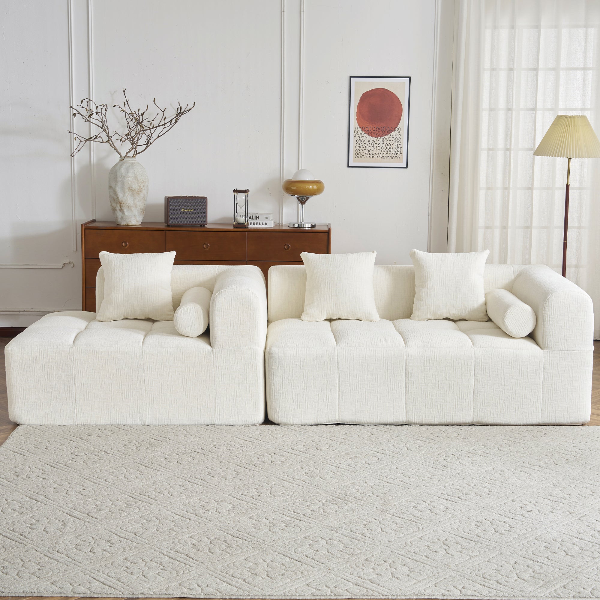 Modern Beige Modular Sectional Sofa with Deep Seating and Side Pockets, Chenille Upholstery, 101.2'