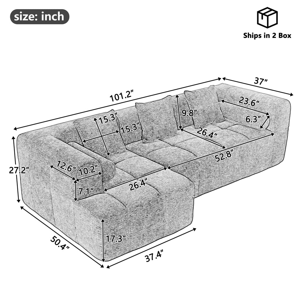 Modern Beige Modular Sectional Sofa with Deep Seating and Side Pockets, Chenille Upholstery, 101.2'