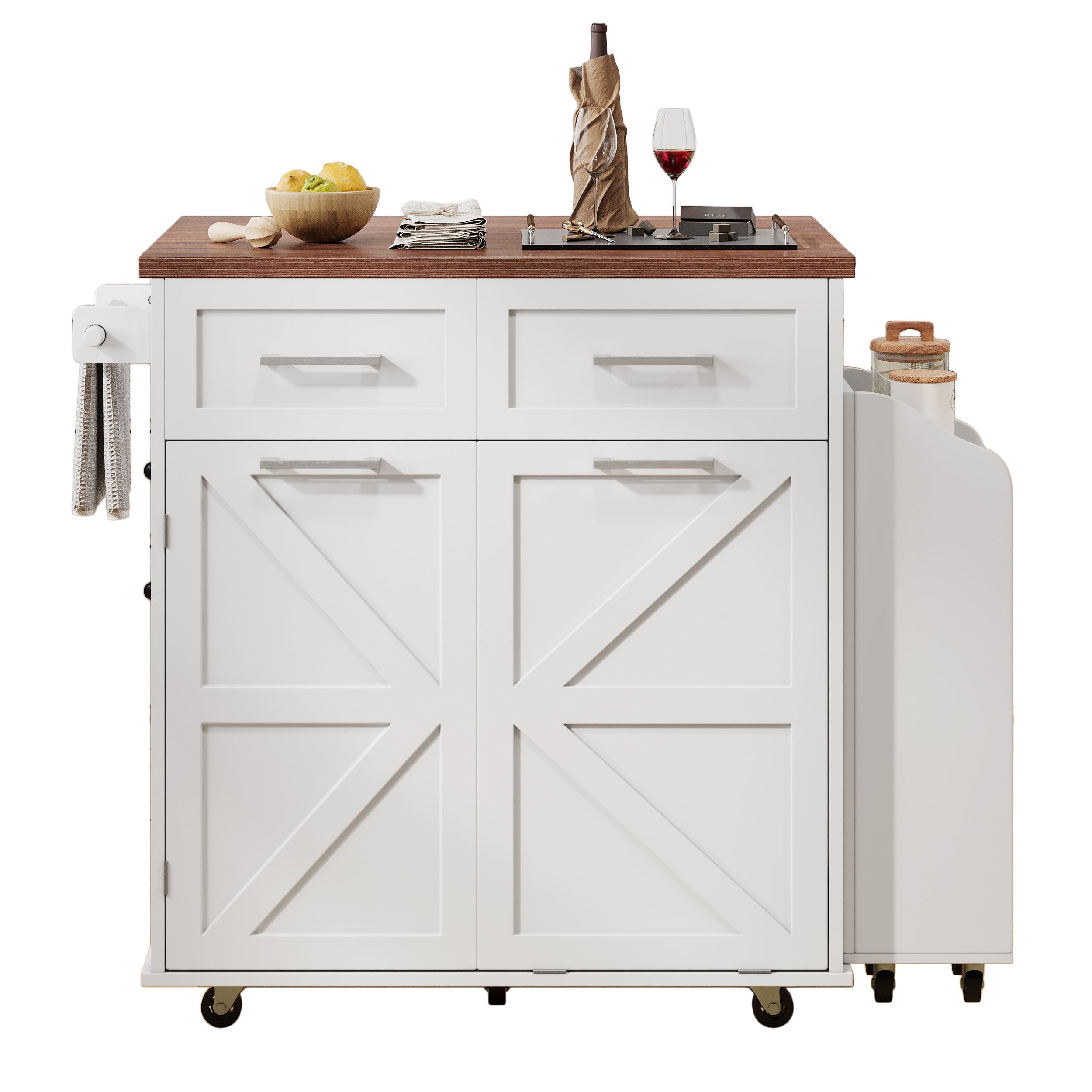 K&K 47.2' Farmhouse Kitchen Island with Drop Leaf, Kitchen Storage Island with Removable Side Racks, Two Drawers, Rolling Kitchen Cart on Wheels with Towel Rack, for Home, Kitchen, Dining Room, White